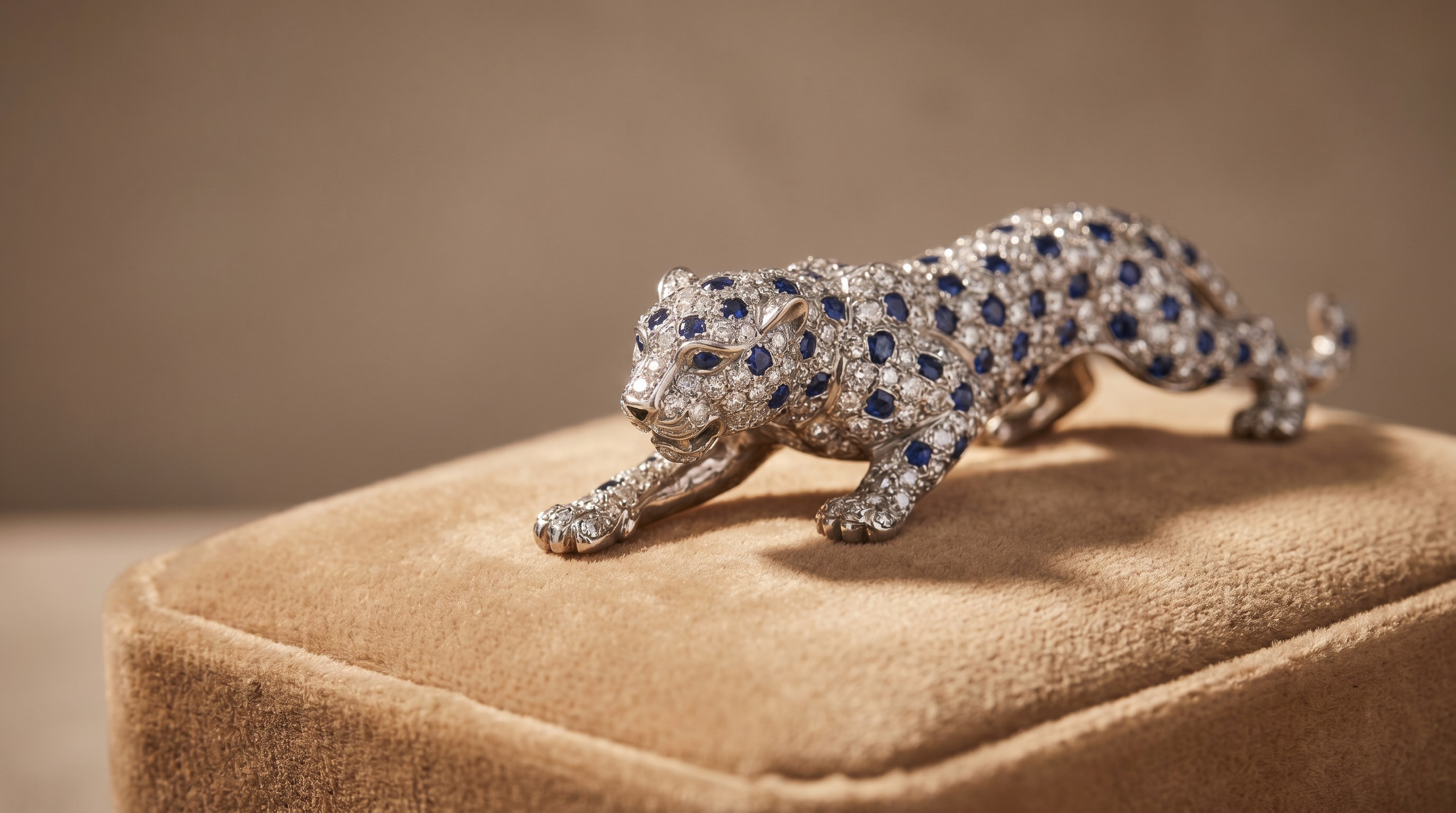 Cartier Panther brooch — diamond and sapphire panther figure with pavé spots