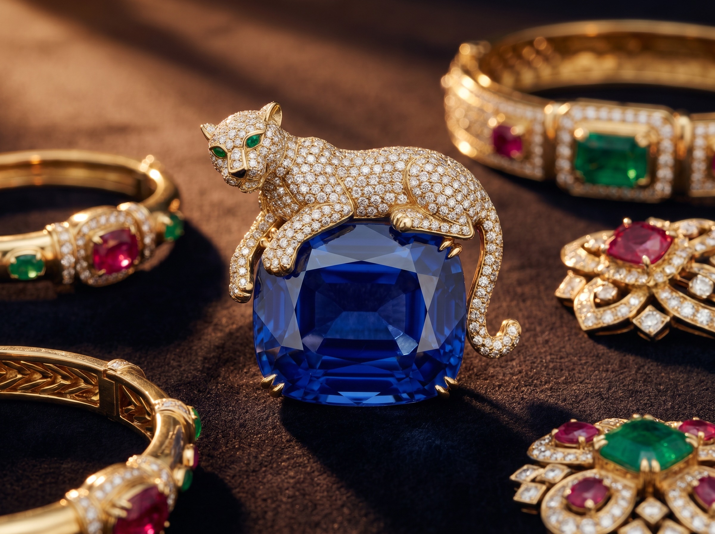 Cartier diamond panther draped over a large blue sapphire cabochon