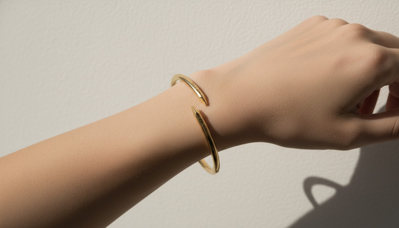 Cartier Juste un Clou-style gold nail bracelet on the wrist — Mozeris Fine Antiques