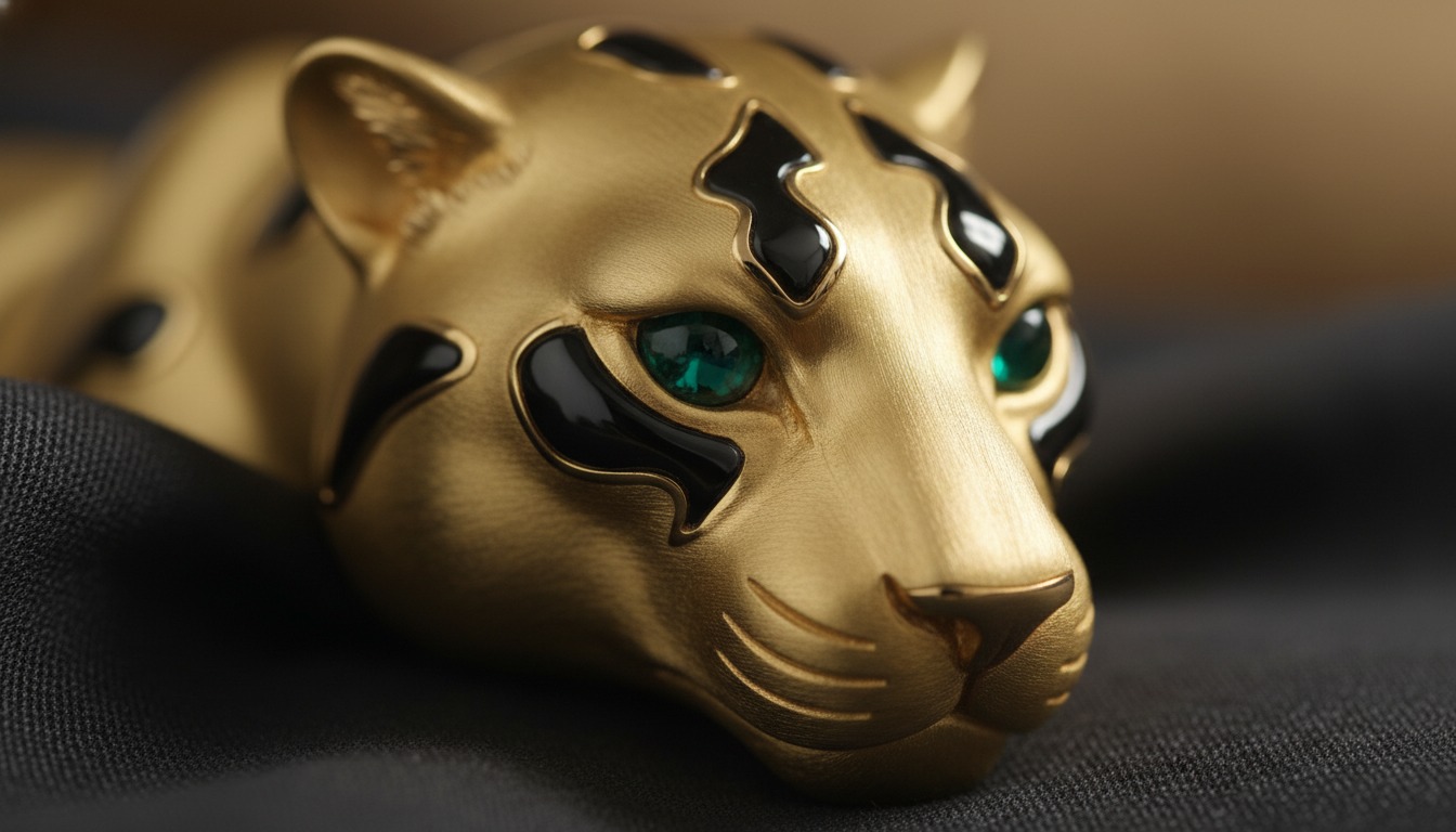 Close-up of a sculpted gold panther head with onyx markings and emerald eyes