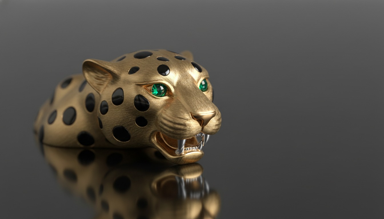 Cartier Panthère-style gold panther jewellery with onyx spots and emerald eyes — Mozeris Fine Antiques