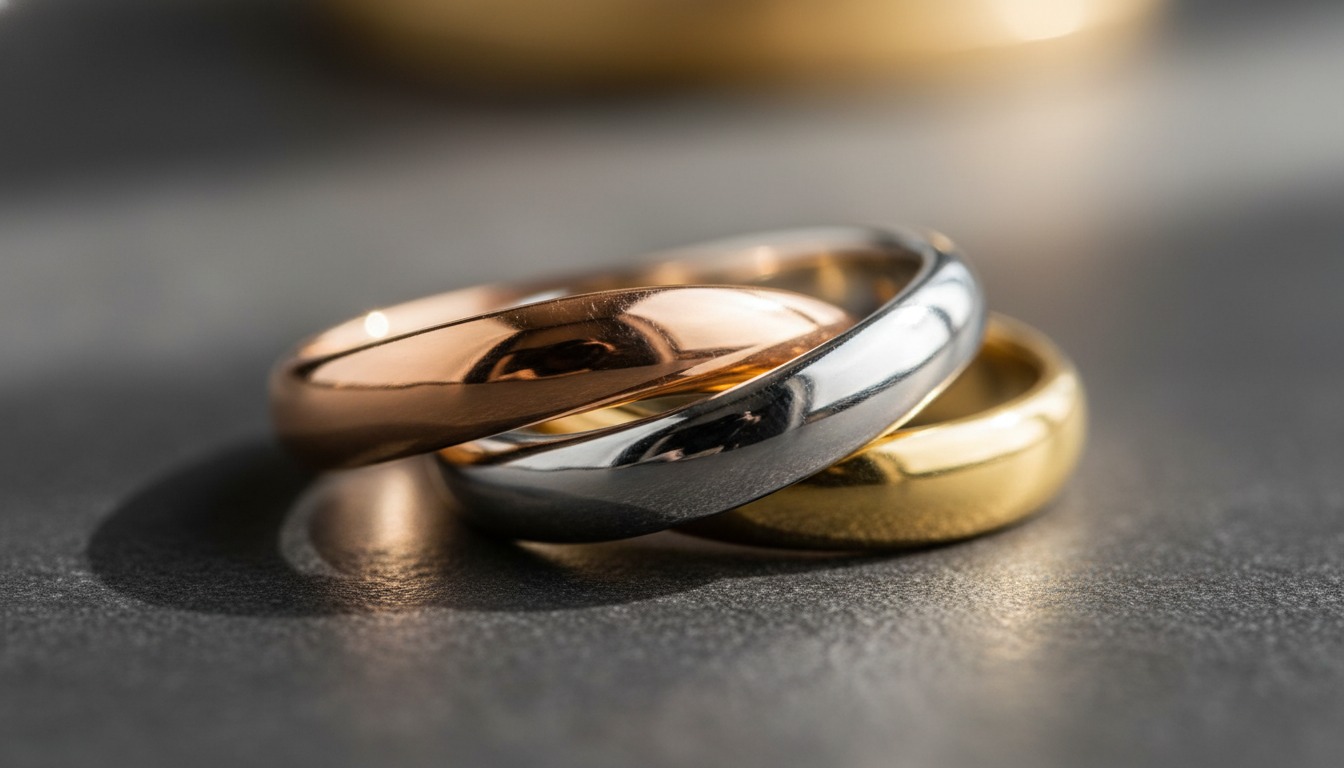 Close-up of three interlocking rose, white and yellow gold bands