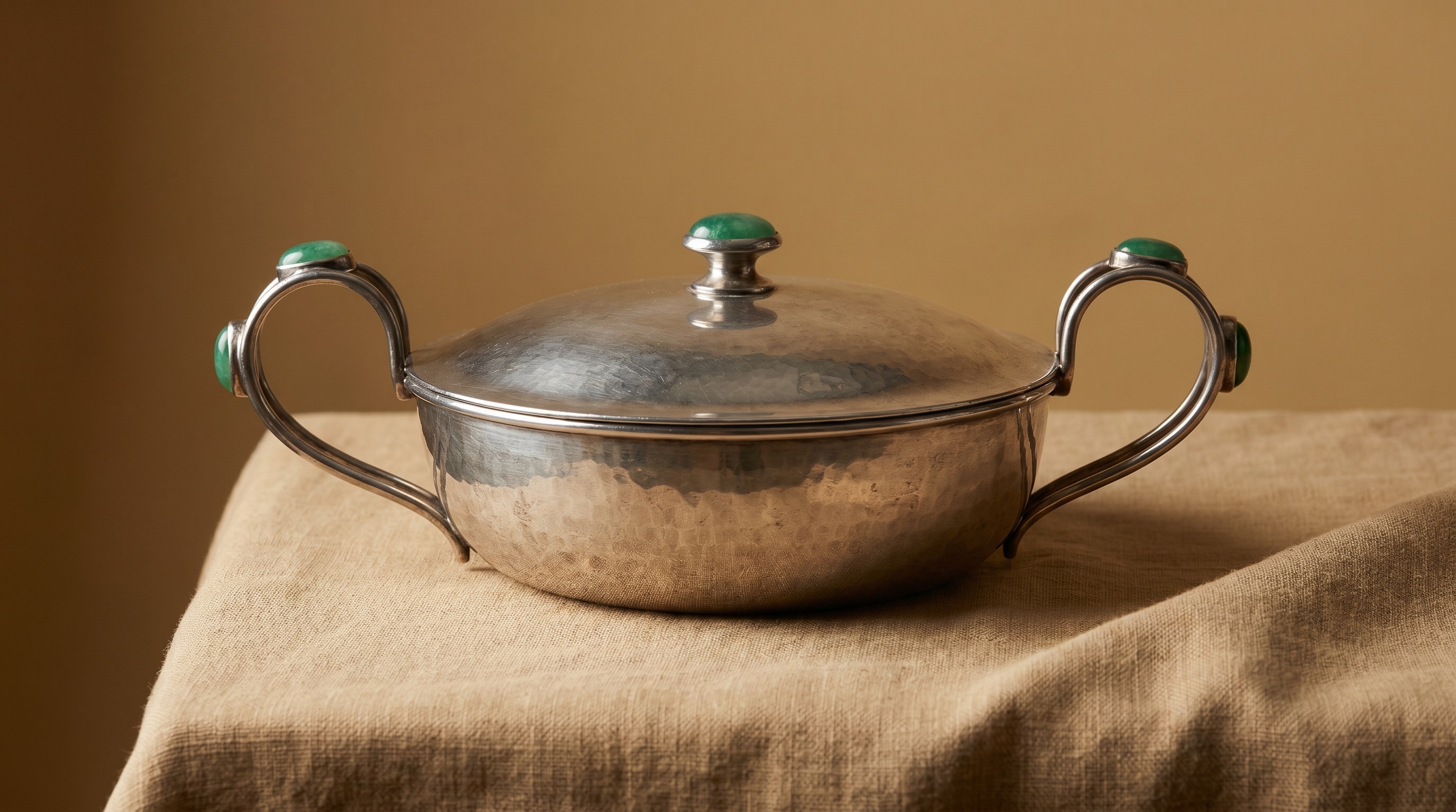Arts and Crafts sterling silver dish with looped wire handles and green cabochon stone in the style of C.R. Ashbee's Guild of Handicraft — Mozeris Fine Antiques guide