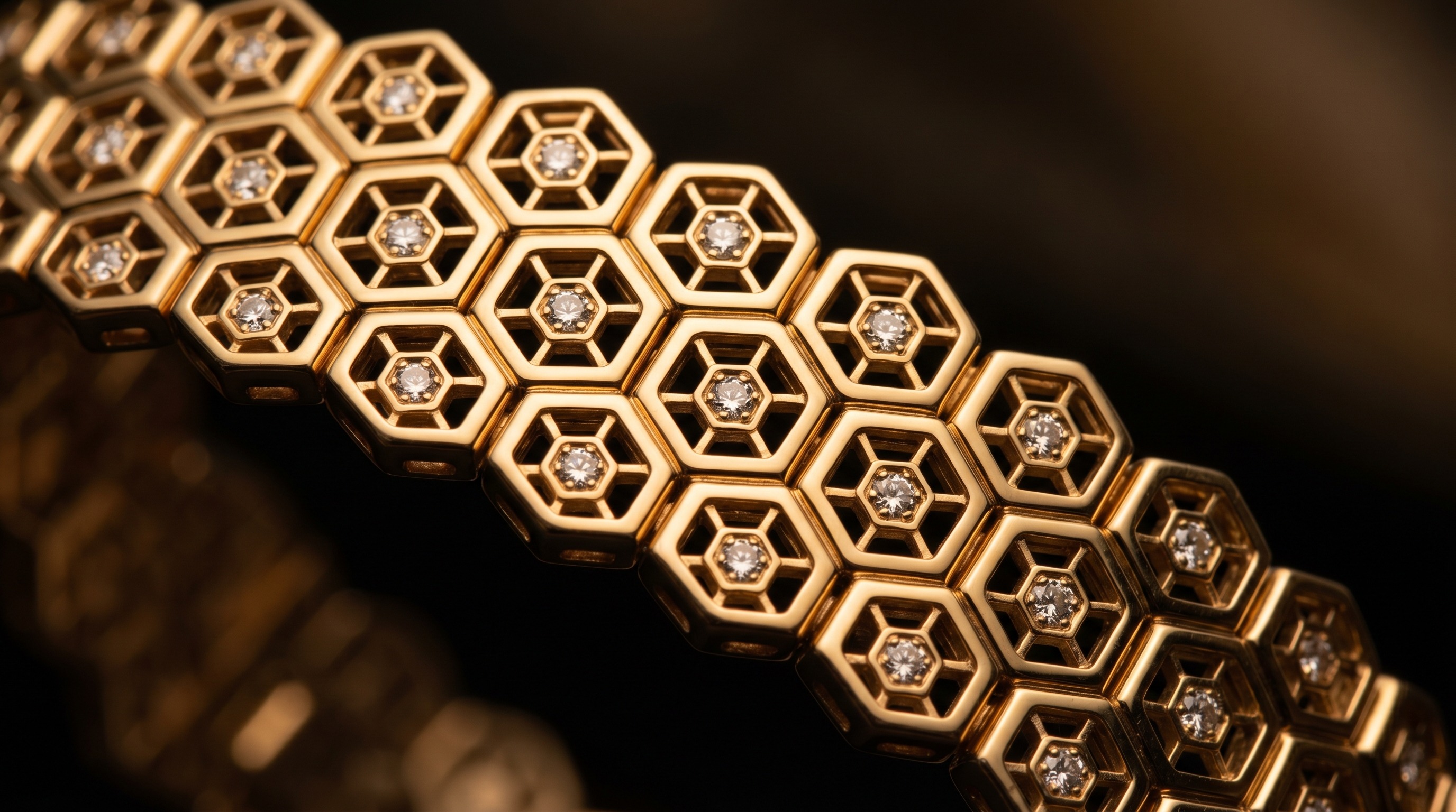 Close-up of Chaumet Bee My Love honeycomb gold links with diamonds
