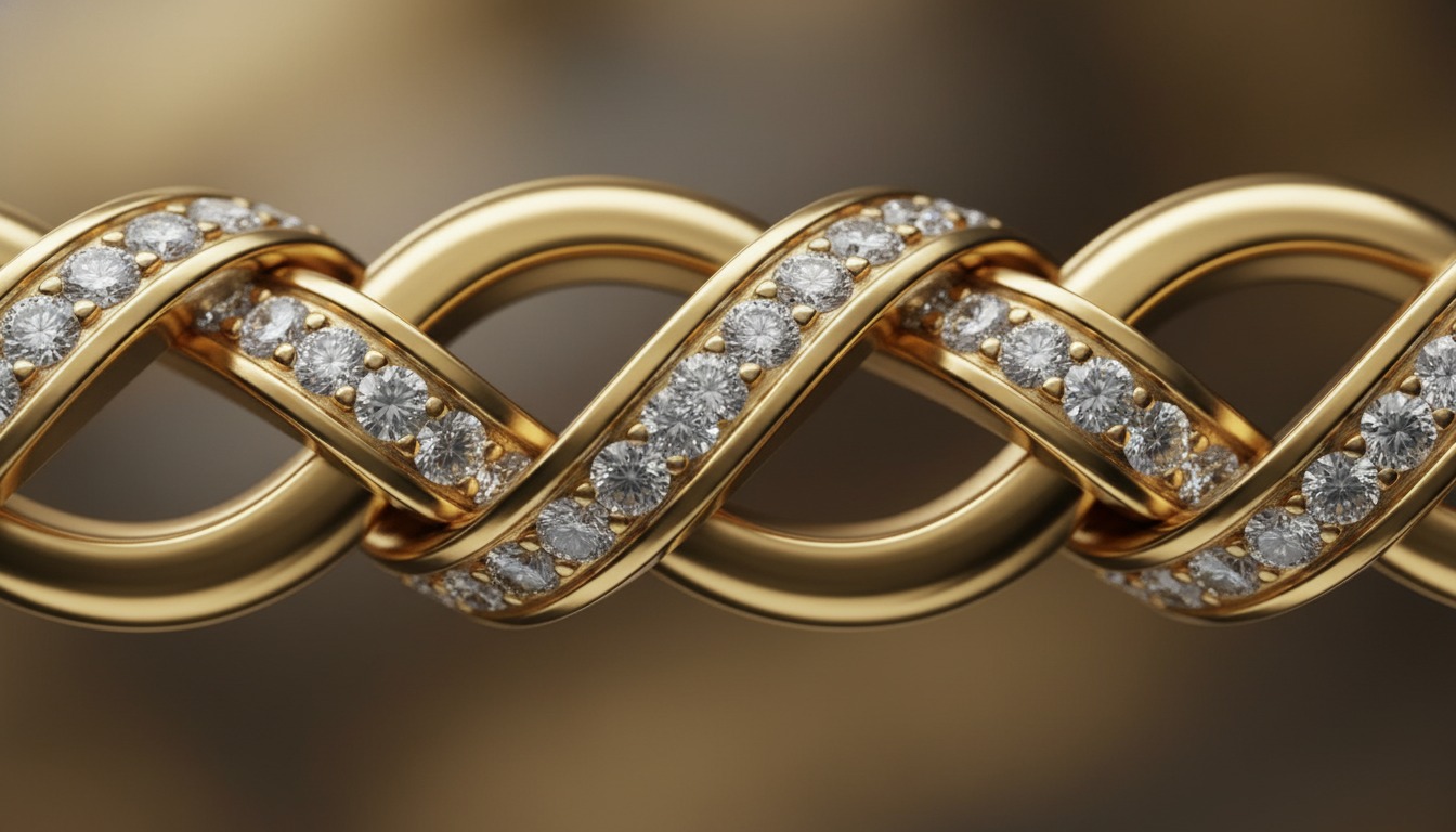 Close-up of an interlacing crossed-ribbon gold and diamond Chaumet Liens motif