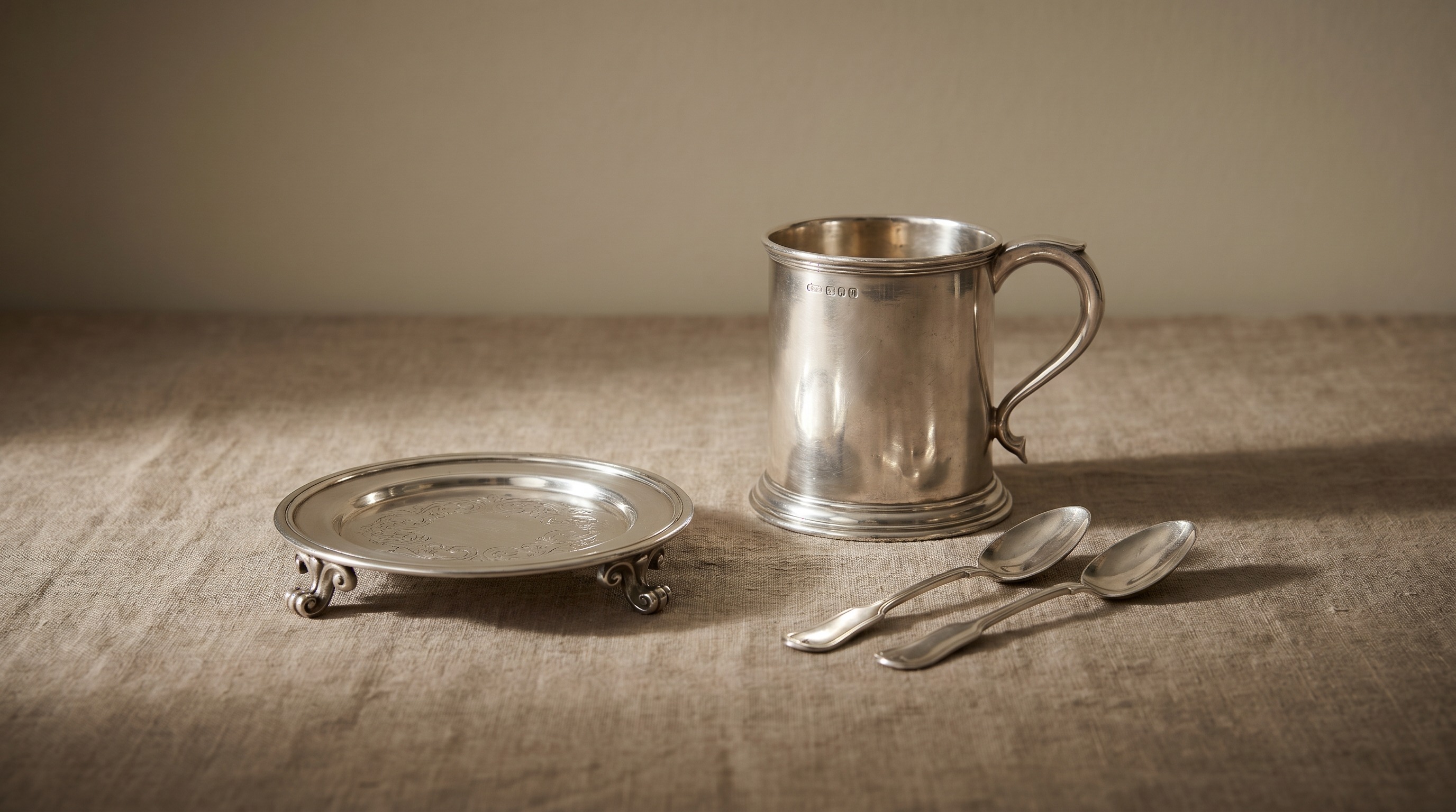 Antique Chester-assayed sterling silver christening mug, salver and teaspoons — Chester Assay Office guide by Mozeris Fine Antiques