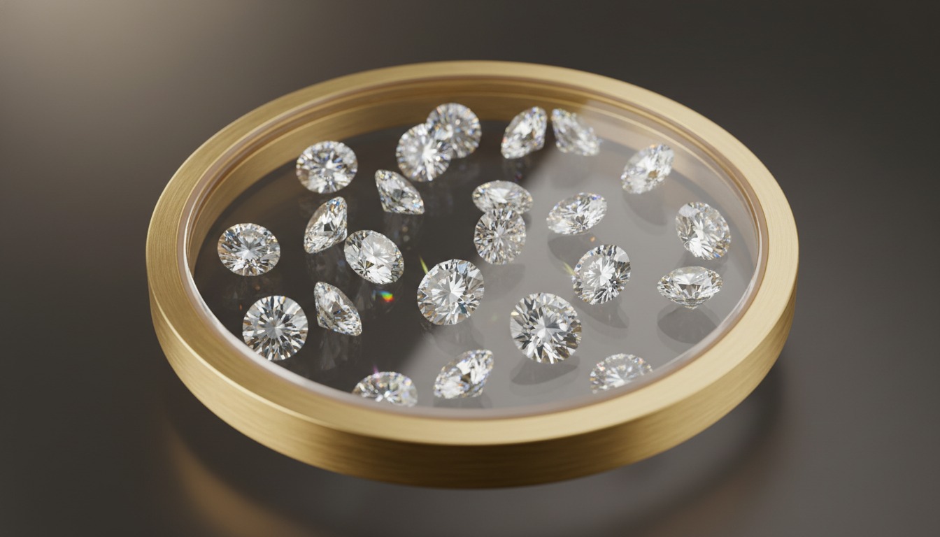 Close-up of loose diamonds floating between two crystals in a gold rim