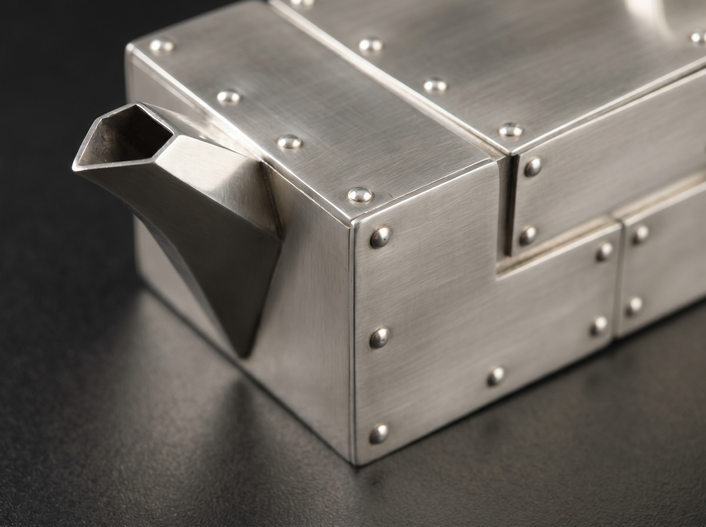 Stark geometric silver-plated vessel with exposed rivets in the Christopher Dresser style — macro