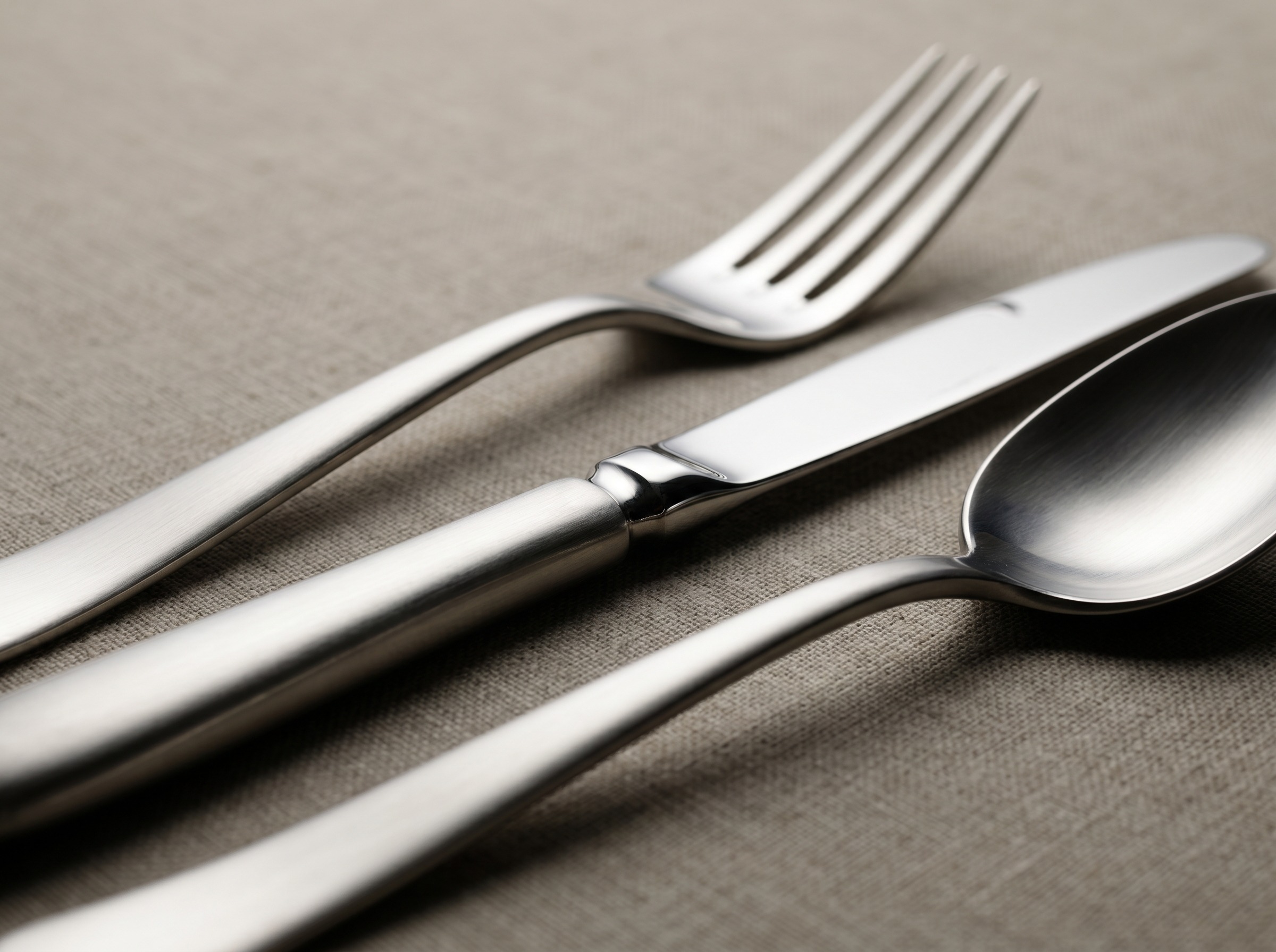 Clean modern sterling silver cutlery and flatware in the David Mellor style — macro