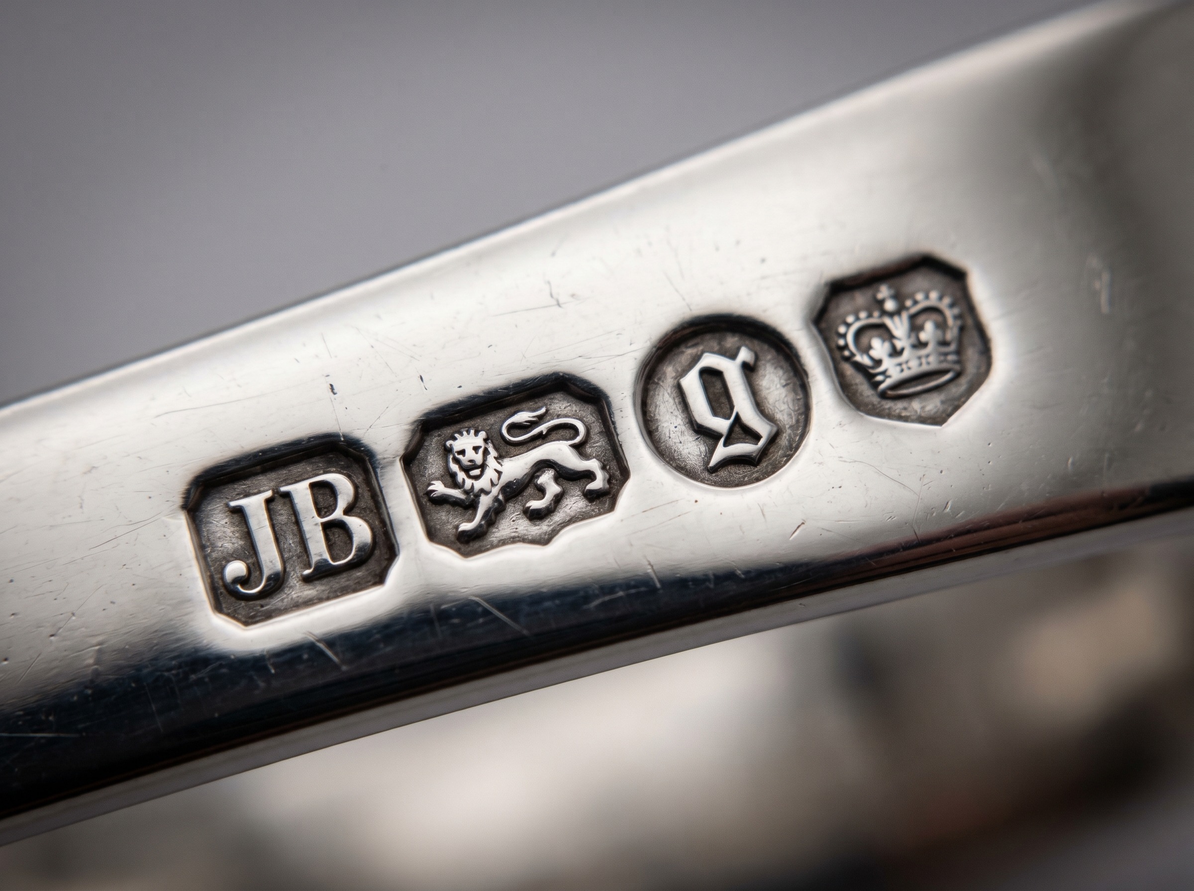 DM maker's mark and British hallmark on mid-century modern sterling silver by David Mellor