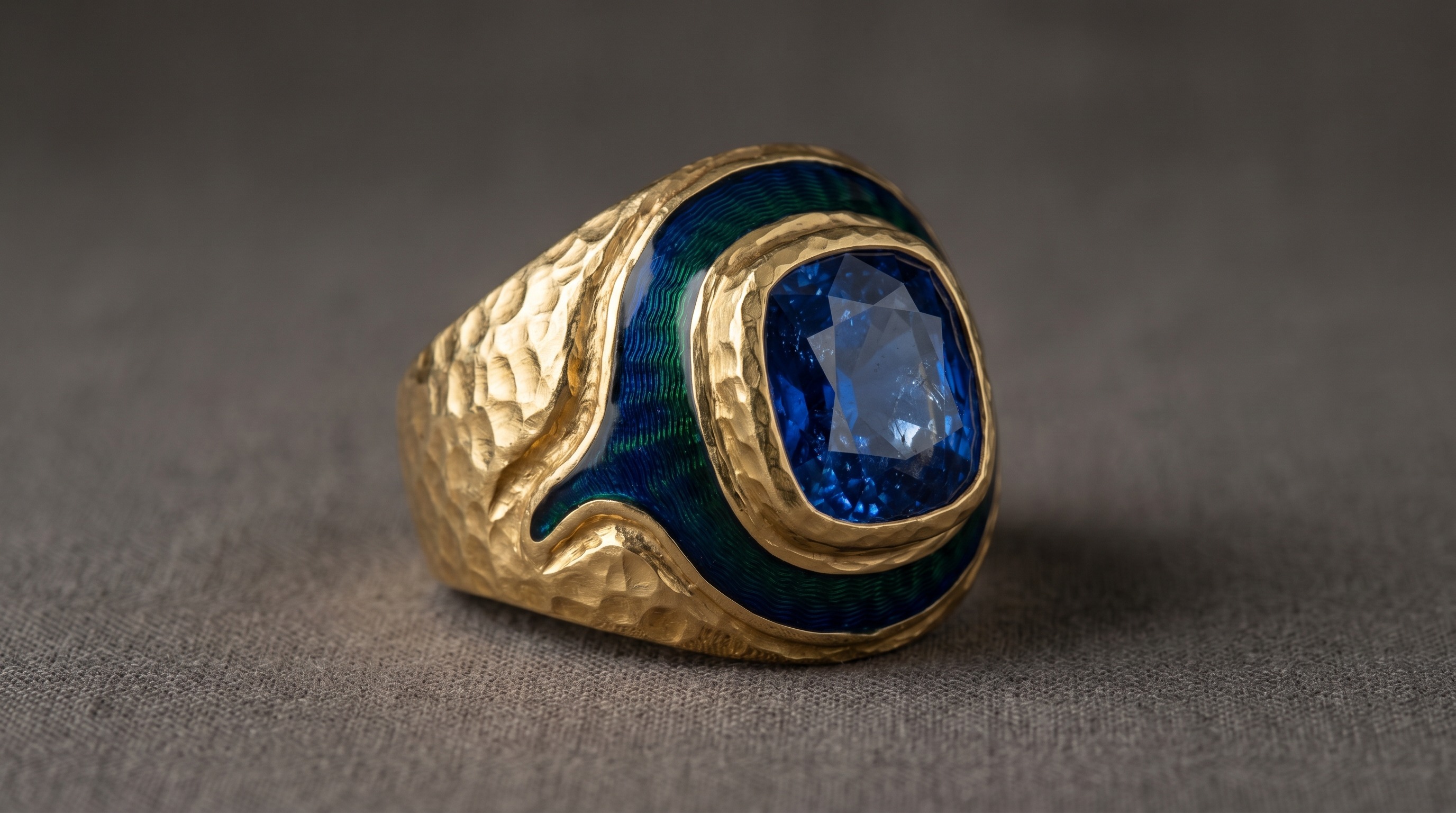 David Webb hammered gold cocktail ring with enamel and gemstone