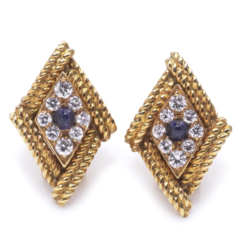 Illustration of a pair of Asprey 18KT gold rope-twist lozenge clip earrings set with sapphires and diamonds