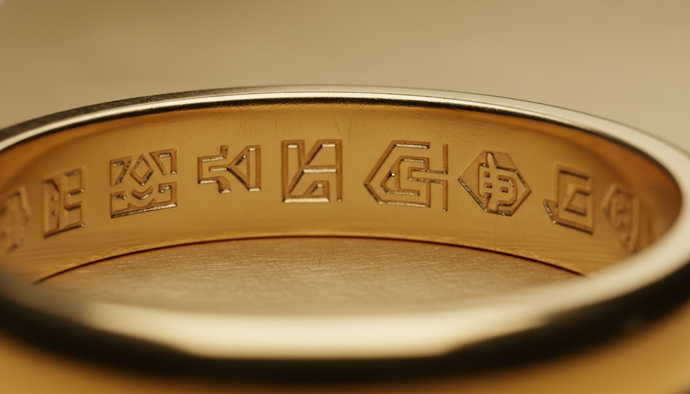 Macro of engraved maker's signature and hallmarks inside a gold band