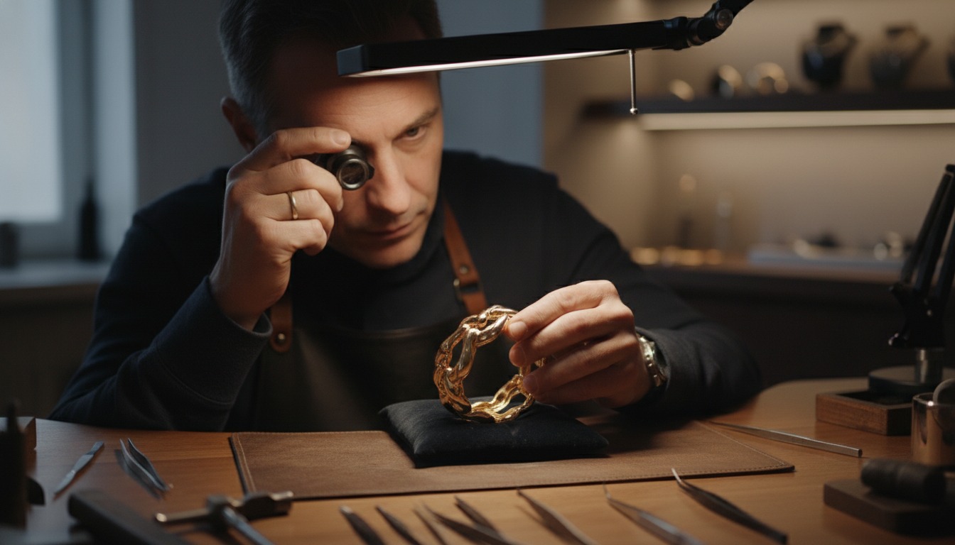 Jeweller examining a designer gold bracelet through a loupe — Mozeris Fine Antiques