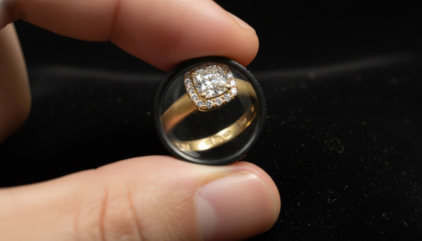 Jeweller's loupe over a diamond-set gold ring