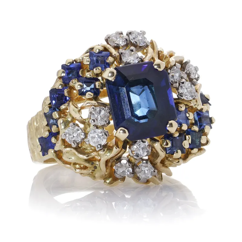 Alan Martin Gard 18KT gold sapphire and diamond cluster ring, bought by Mozeris Fine Antiques