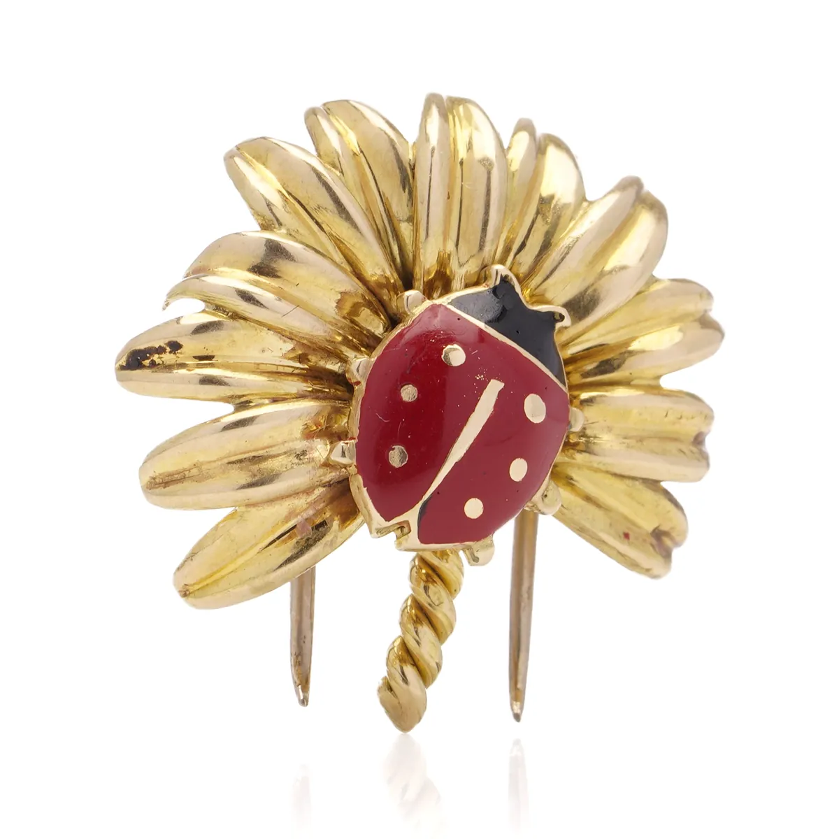 Vintage Cartier 18KT gold ladybird and flower brooch with red and black enamel
