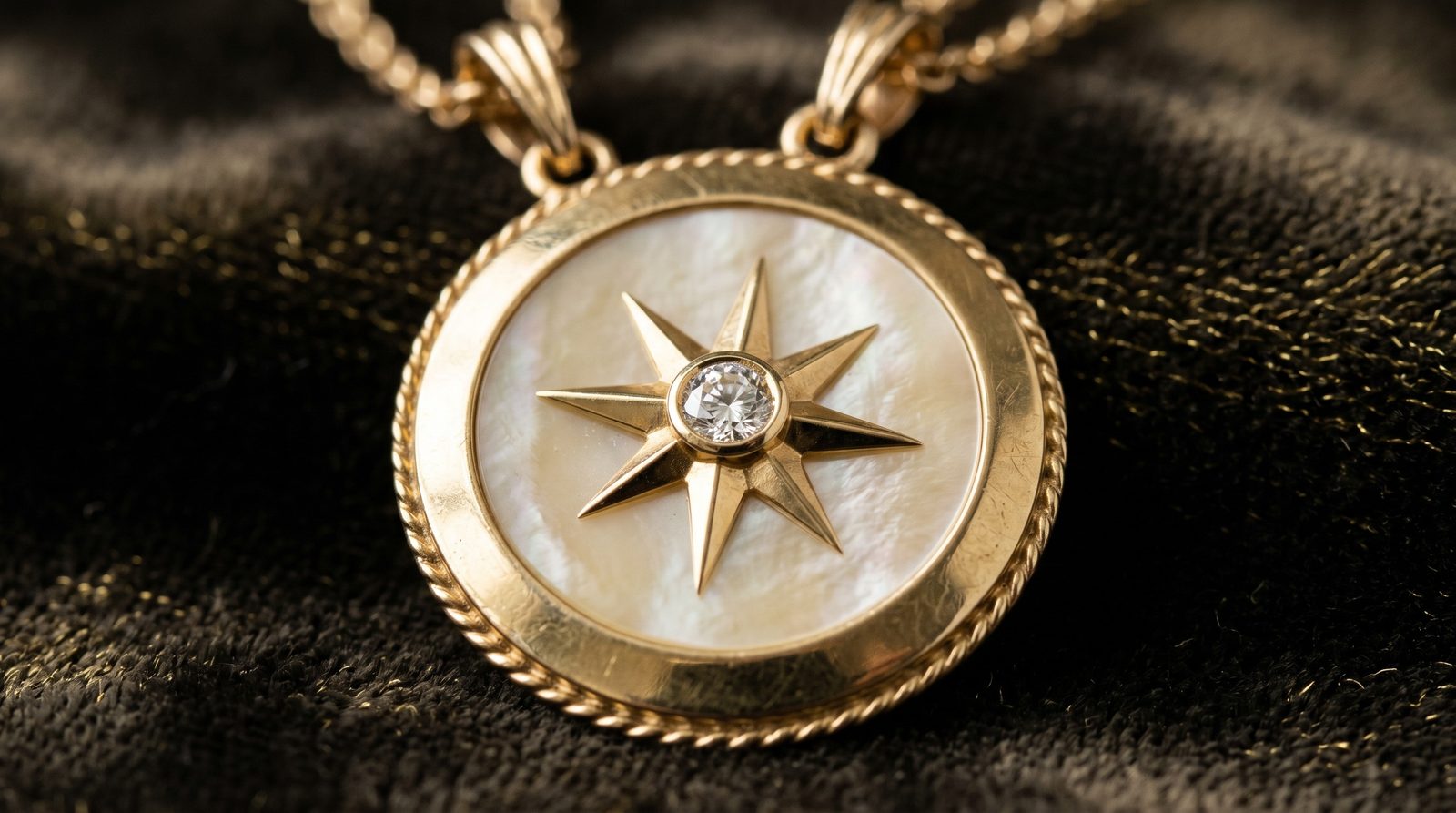 Close-up of a Dior Rose des Vents gold medallion with diamond star over a mother-of-pearl disc