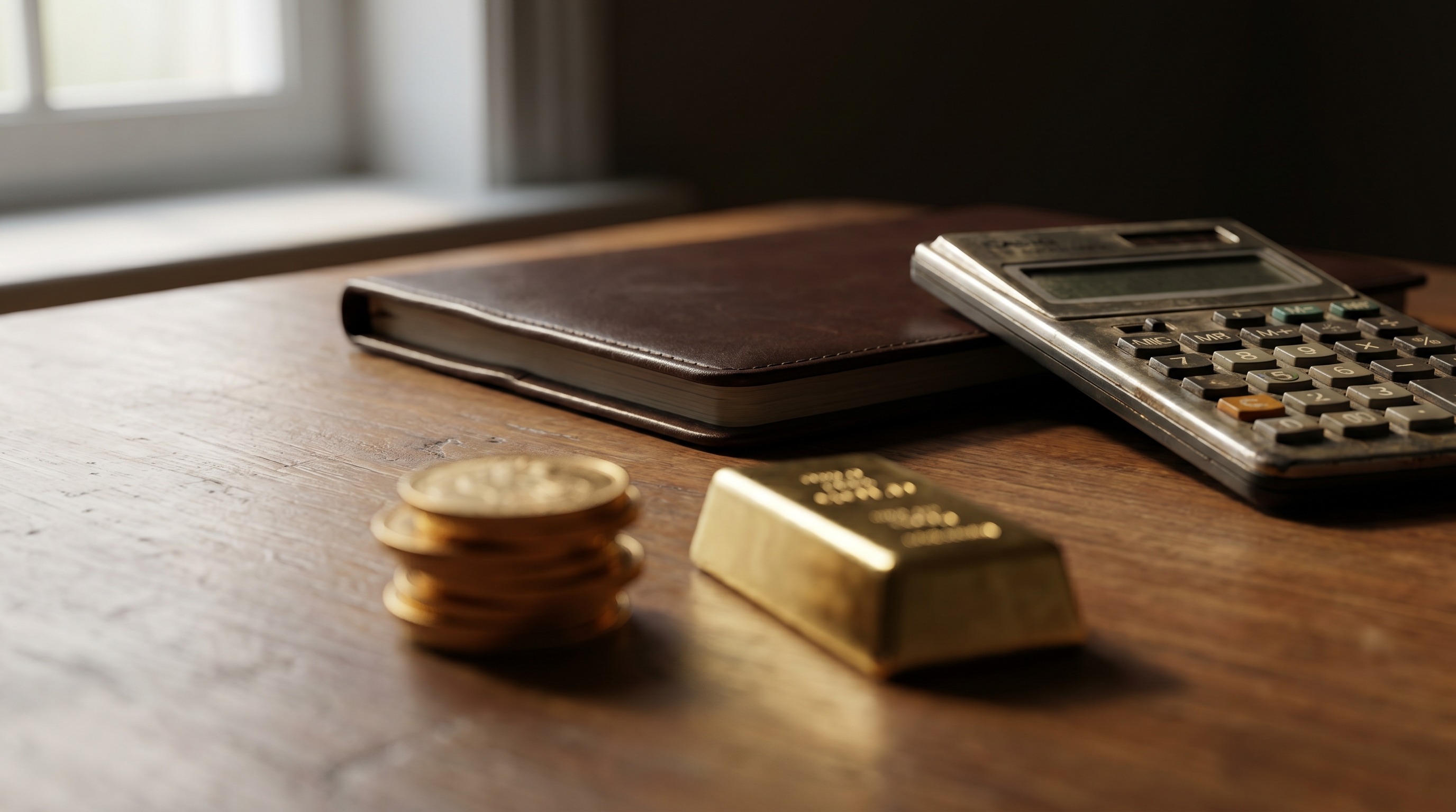 Gold sovereigns and a gold bar beside a calculator — tax on selling gold UK — Mozeris Fine Antiques