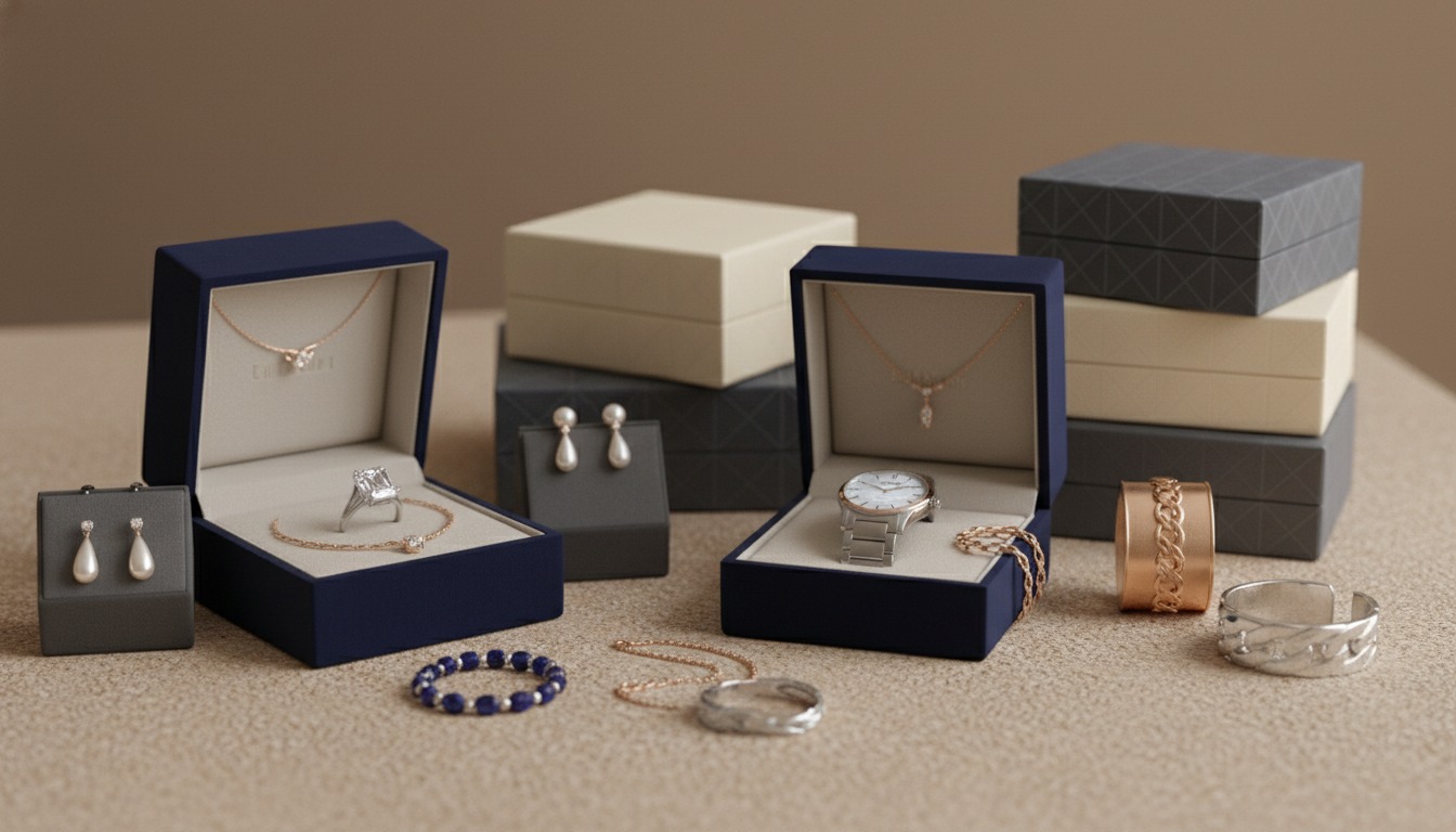 A lineup of luxury designer jewellery and boxes