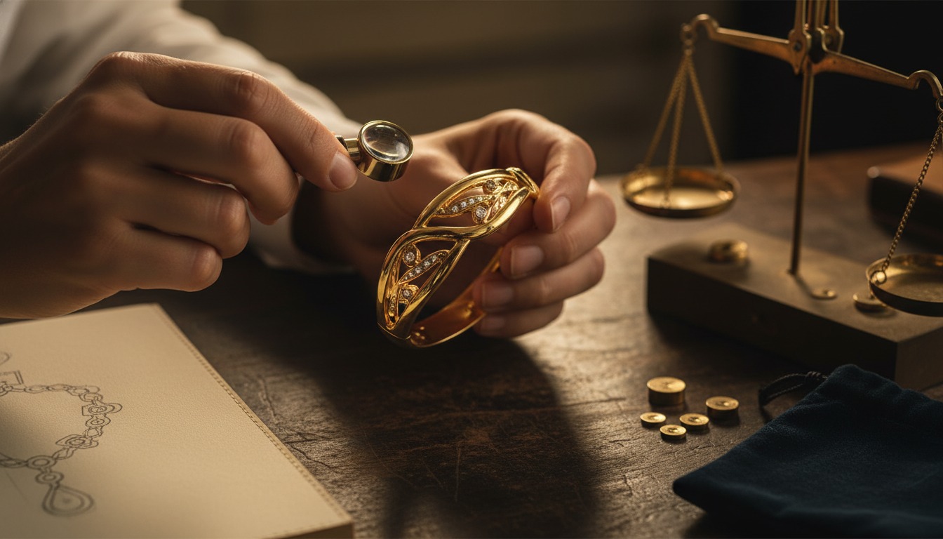 A jeweller examining a designer bracelet with a loupe