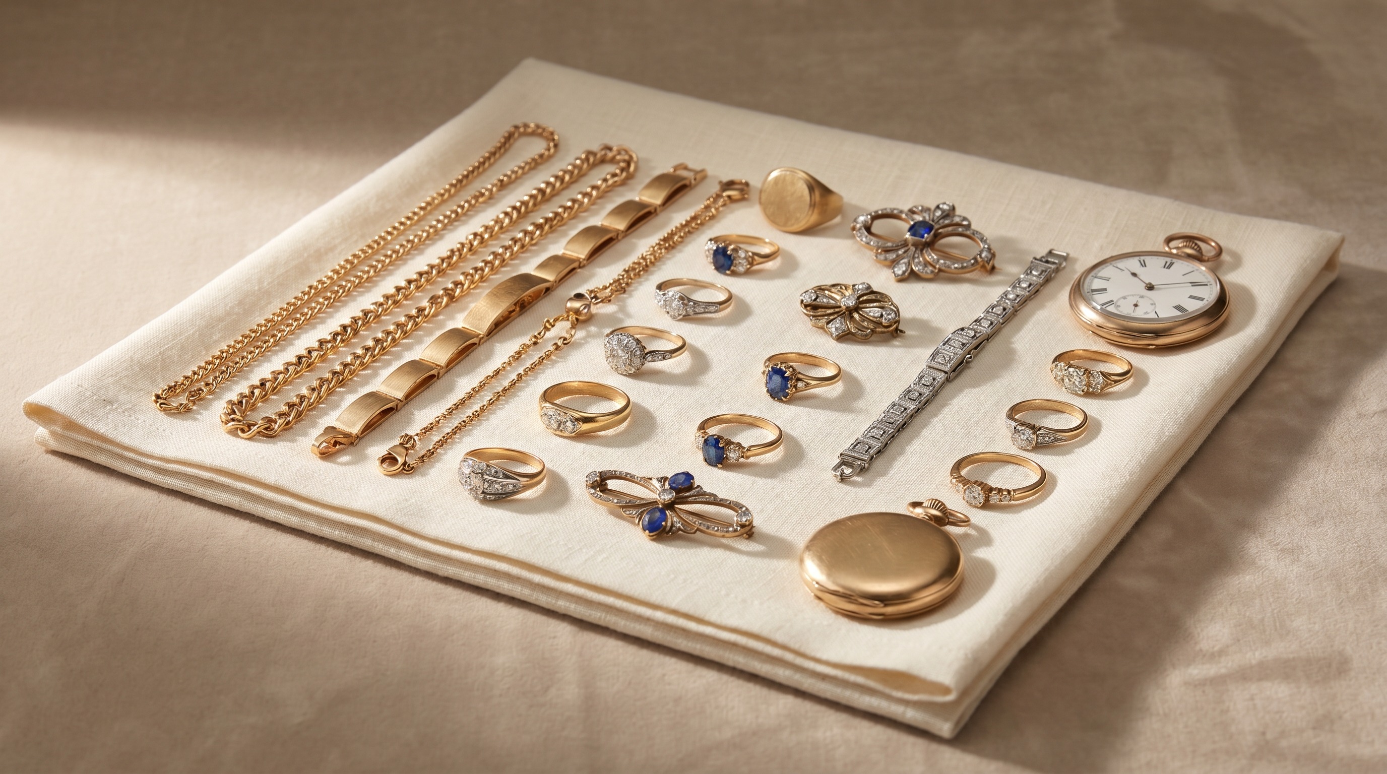 A varied jewellery collection laid out for appraisal