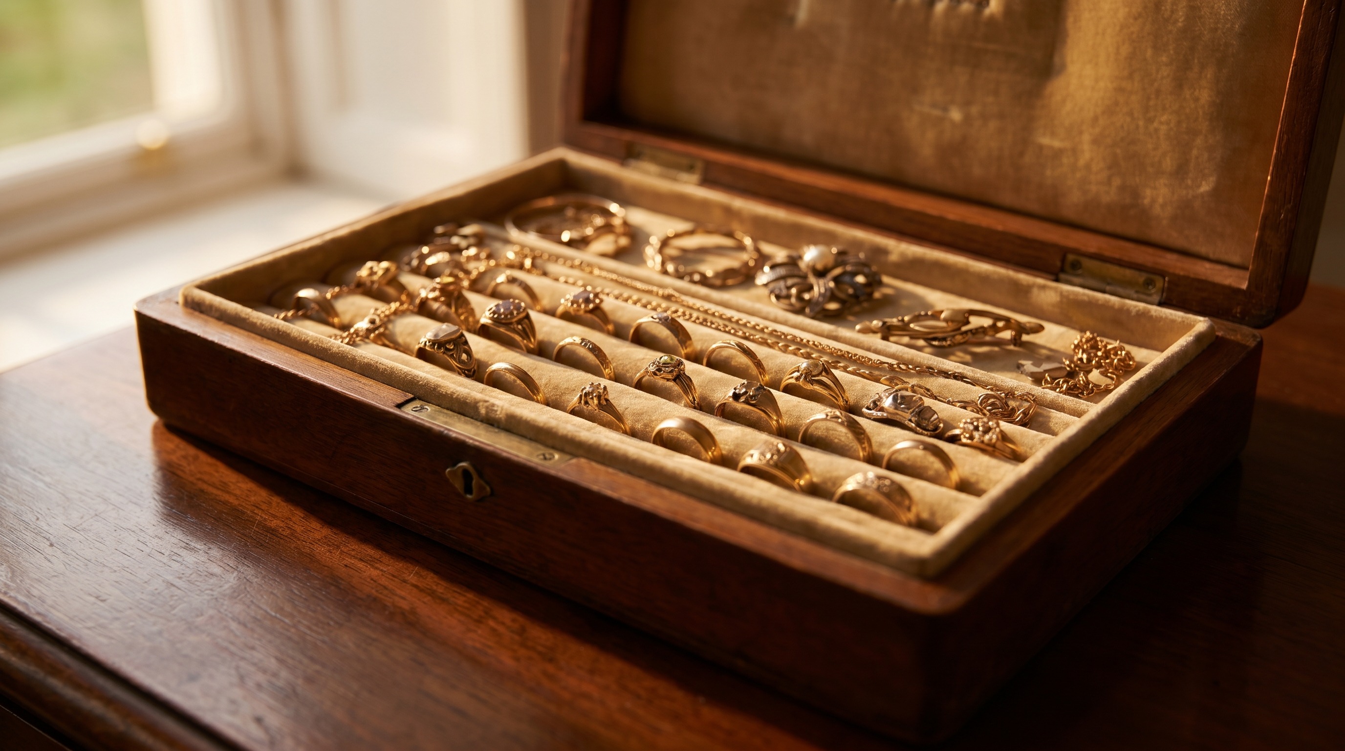 Jewellery box and tray with a collection of gold jewellery — downsizing — Mozeris Fine Antiques