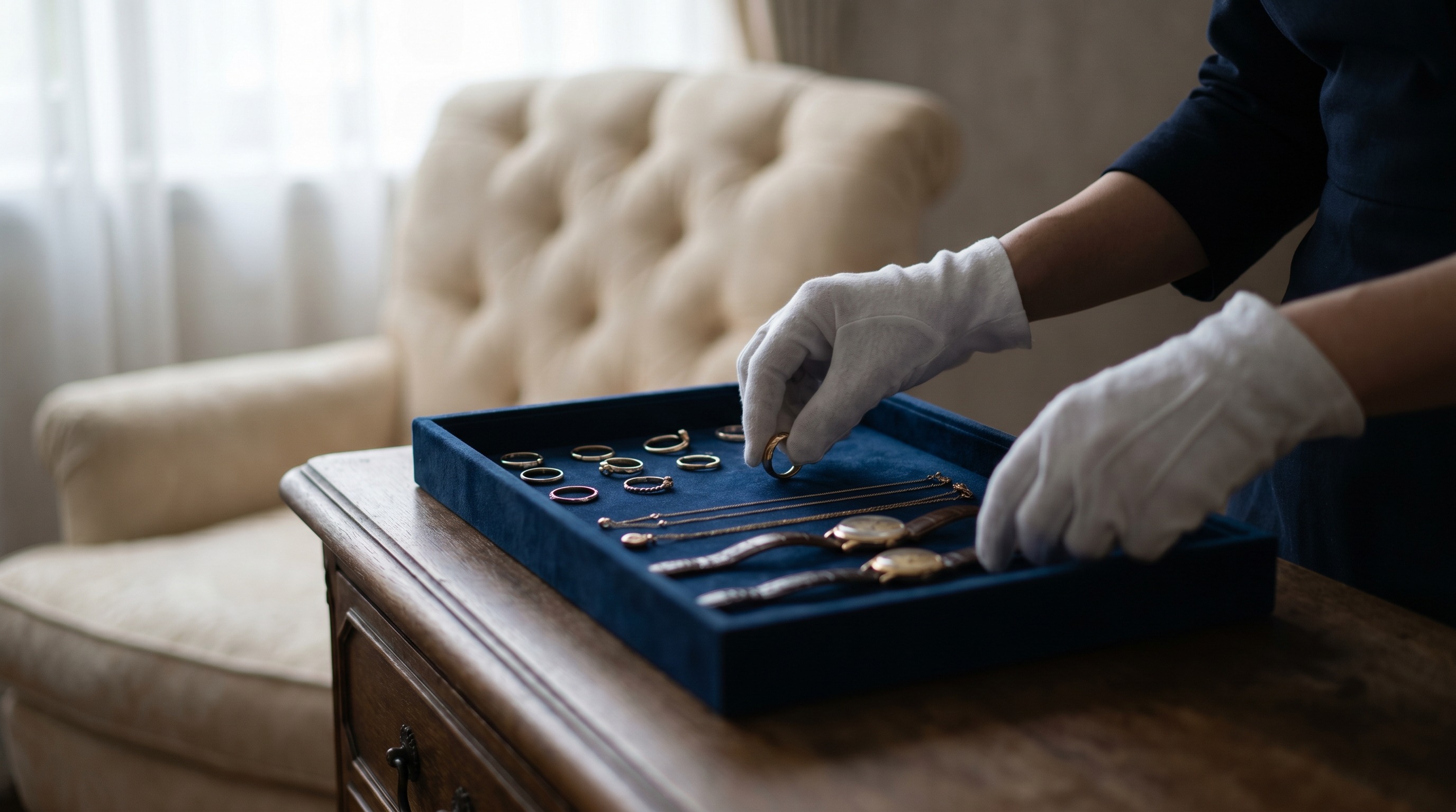 Hands organising a jewellery collection on a velvet tray