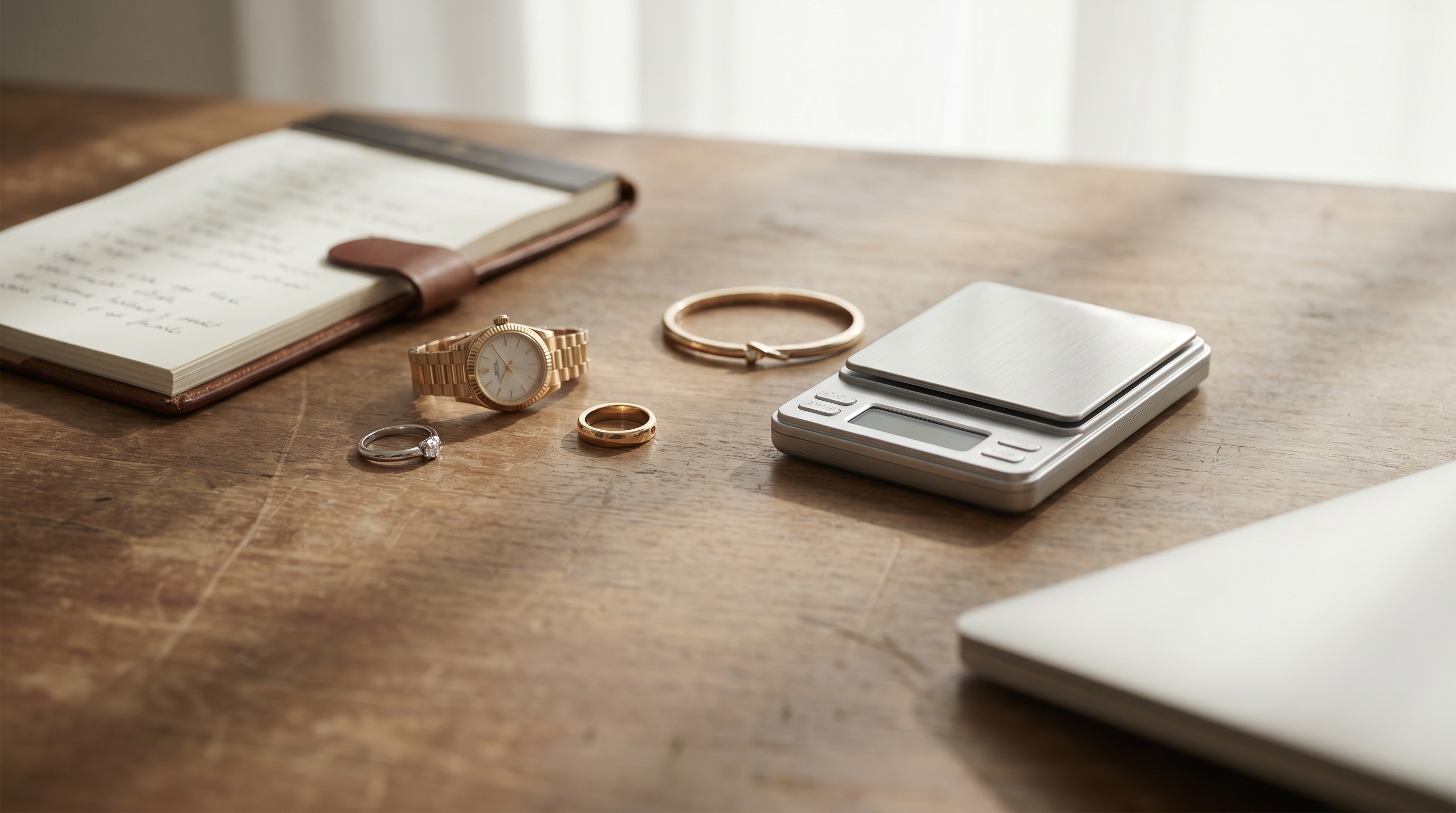 Jewellery pieces beside a scale and notepad during valuation