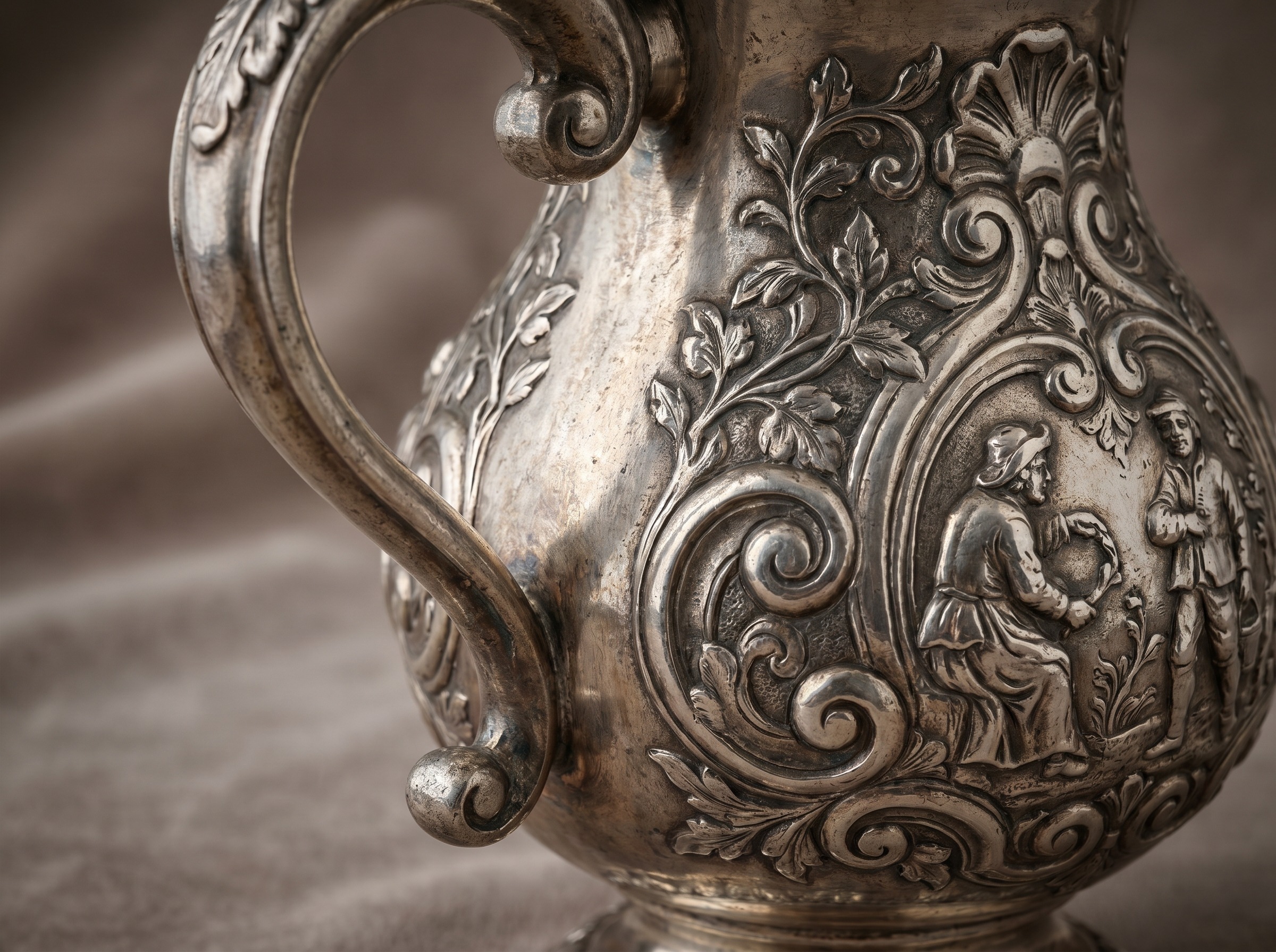 Dense high-relief figural chasing on Regency antiquarian silver by Edward Cornelius Farrell — extreme macro