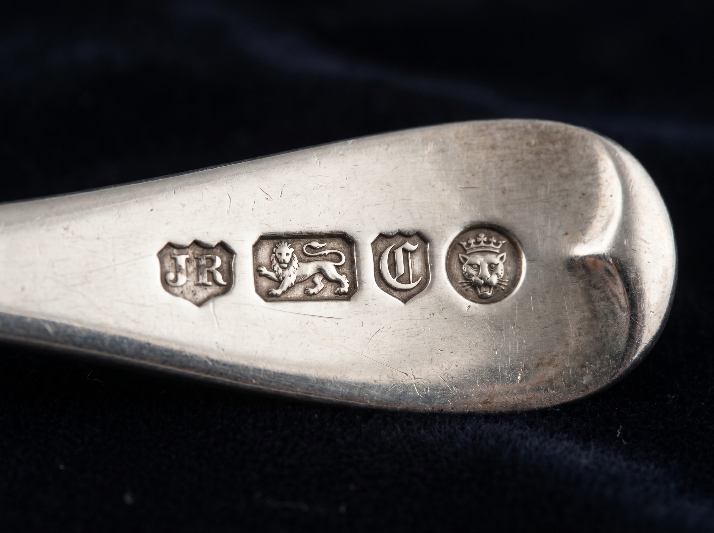 London silver hallmark and EF maker's mark struck on Regency antiquarian silver by Edward Cornelius Farrell