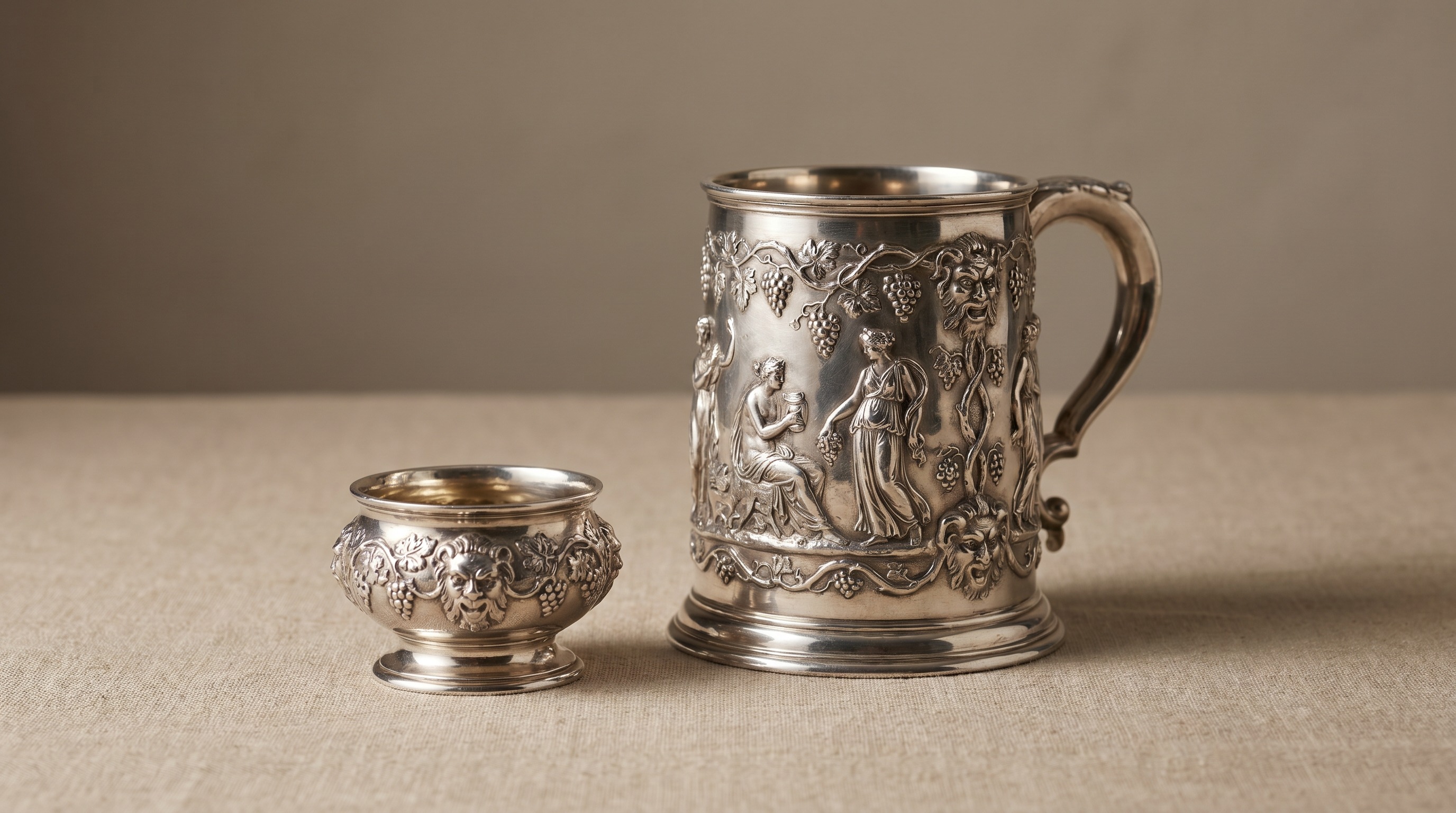 Regency antiquarian-revival English sterling silver with high-relief figural chasing in the style of Edward Cornelius Farrell — Mozeris Fine Antiques guide