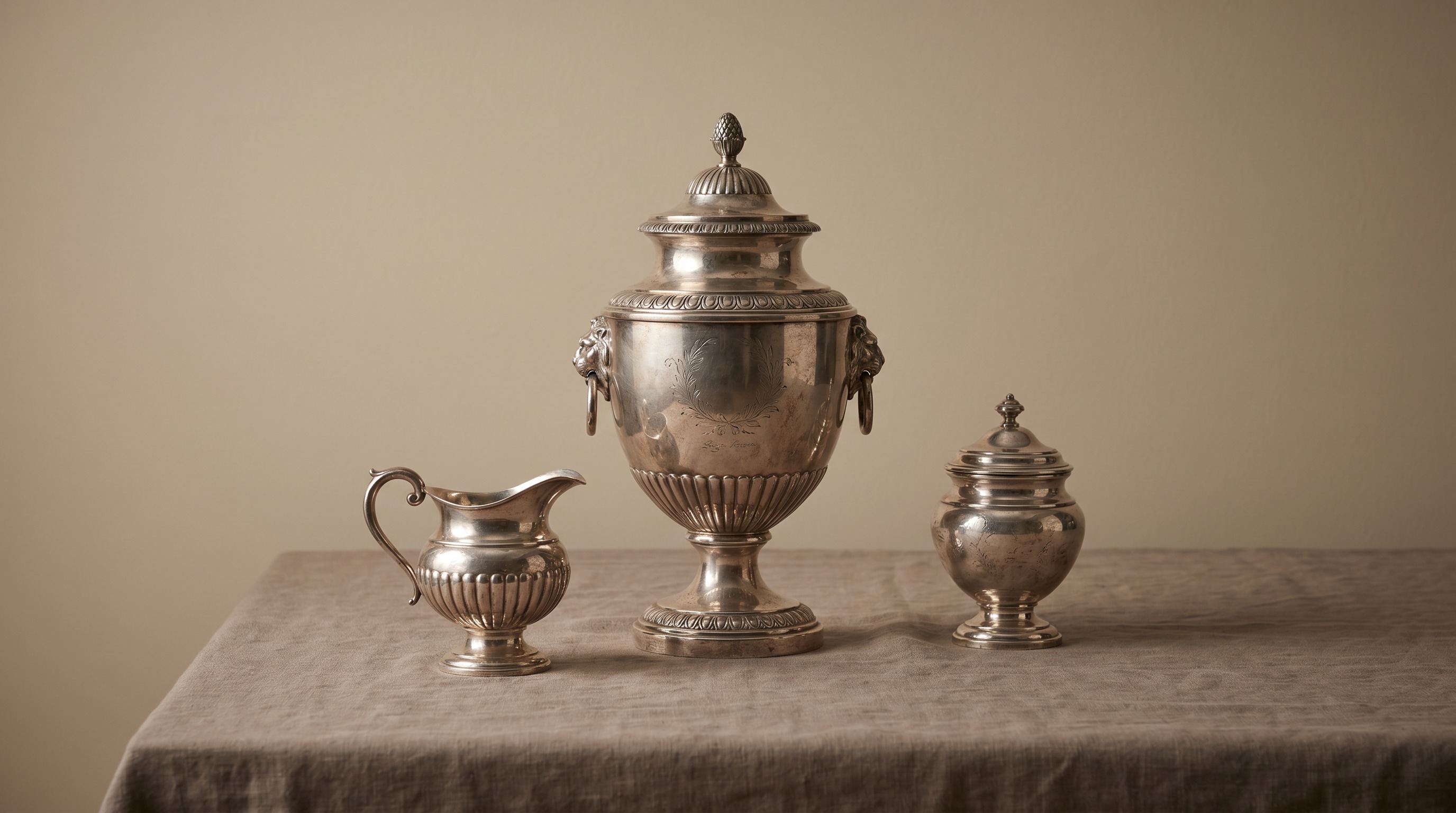 Antique English Georgian sterling silver neoclassical tea urn and service — in the style of Edward Wakelin — guide by Mozeris Fine Antiques