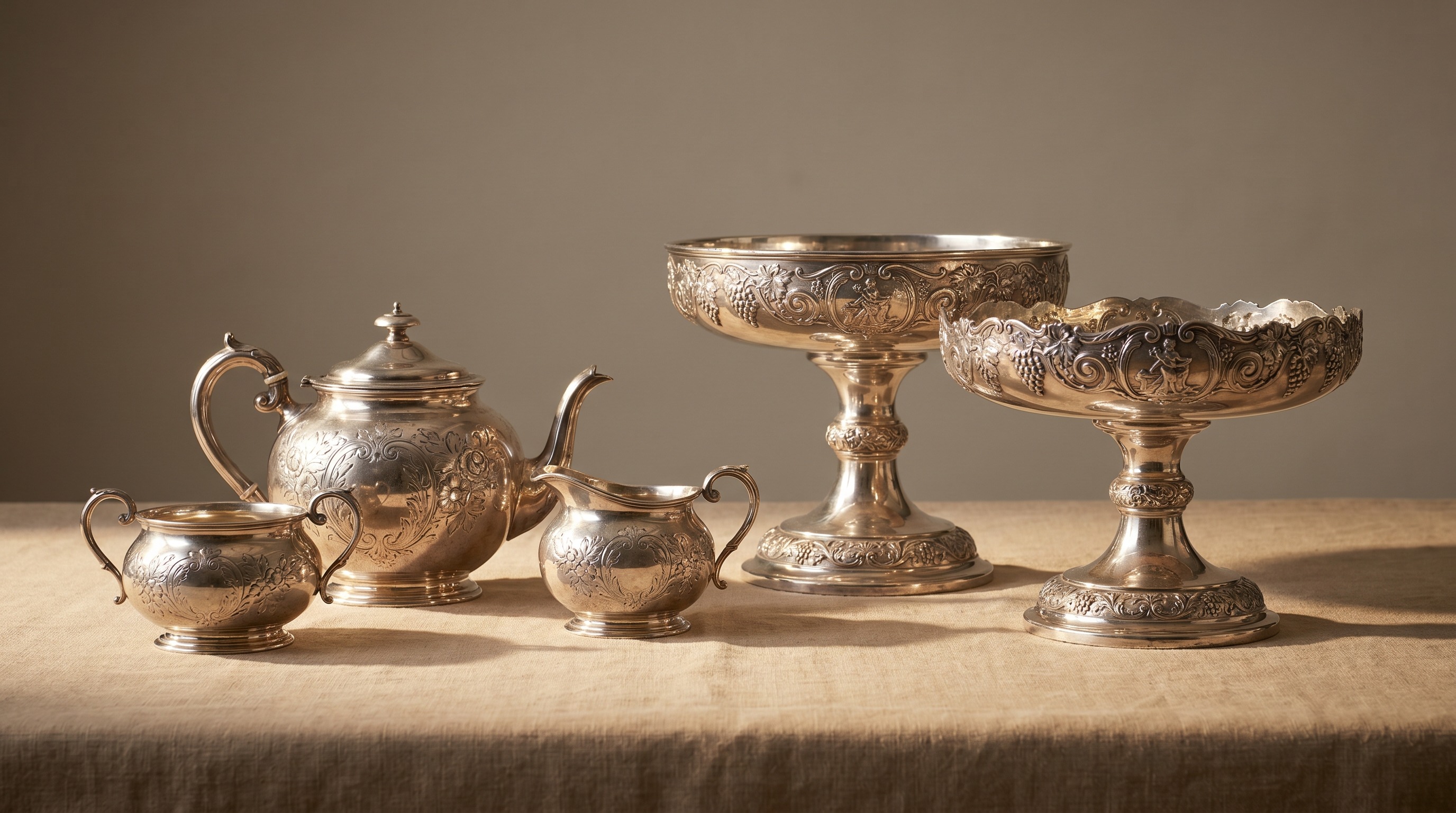 Victorian electroplated silver tea service and comports in the style of Elkington & Co — Mozeris Fine Antiques guide