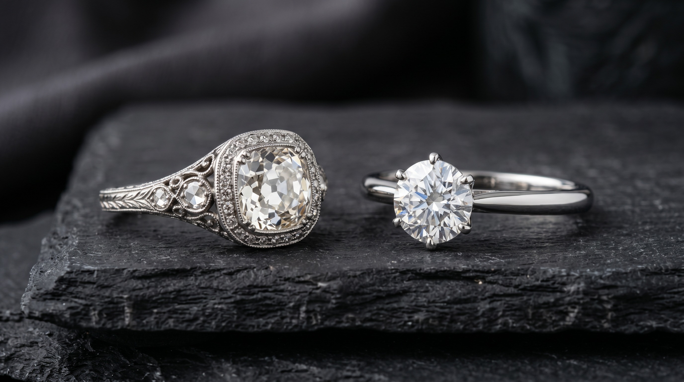 Antique and modern engagement rings side by side on a dark background
