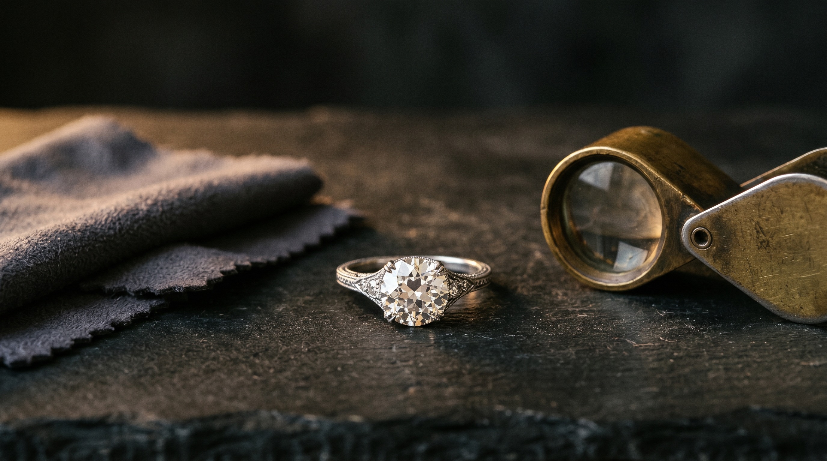 Antique diamond engagement ring beside a soft polishing cloth on a dark surface