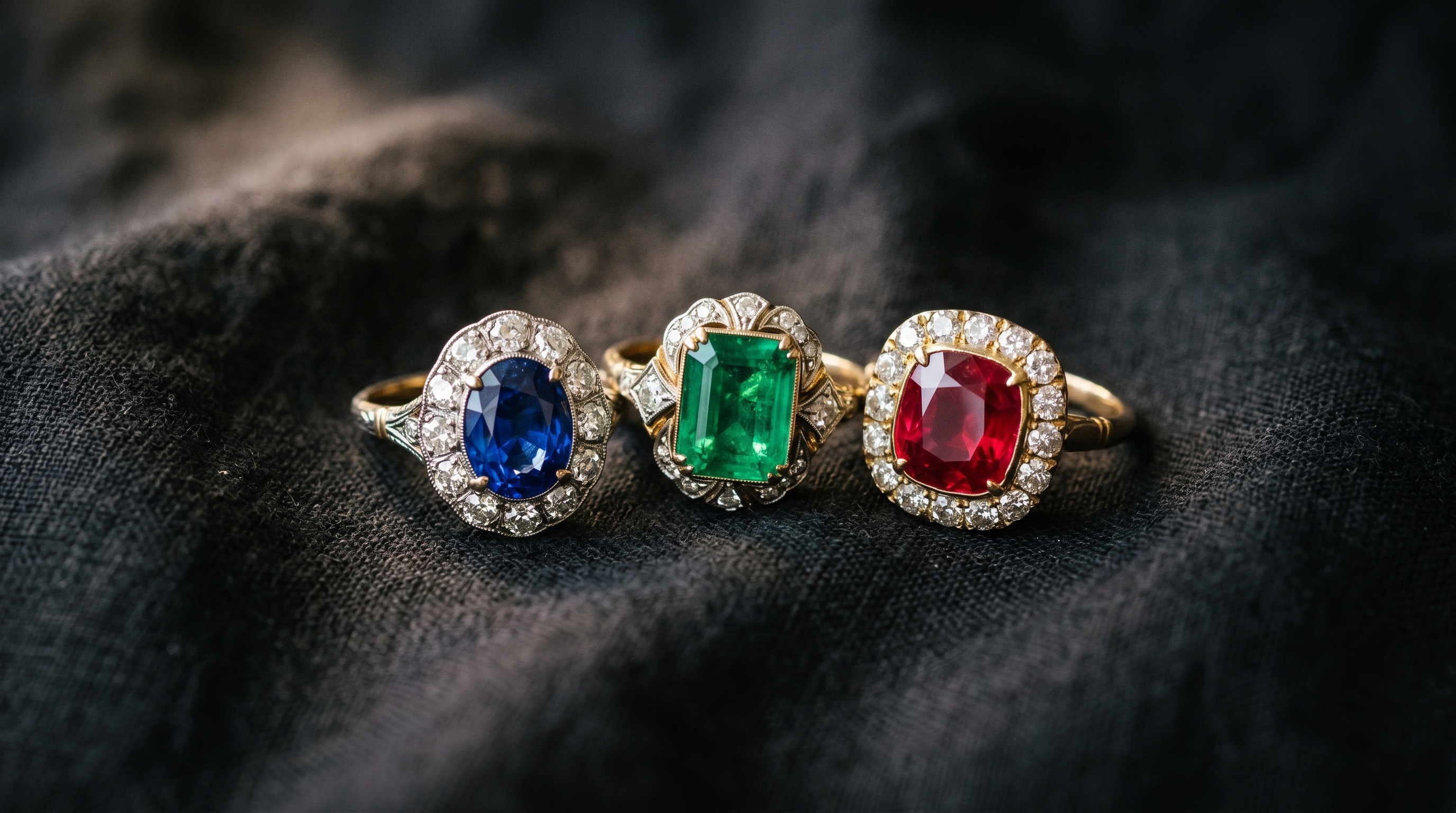 Sapphire, emerald and ruby engagement rings on a dark background