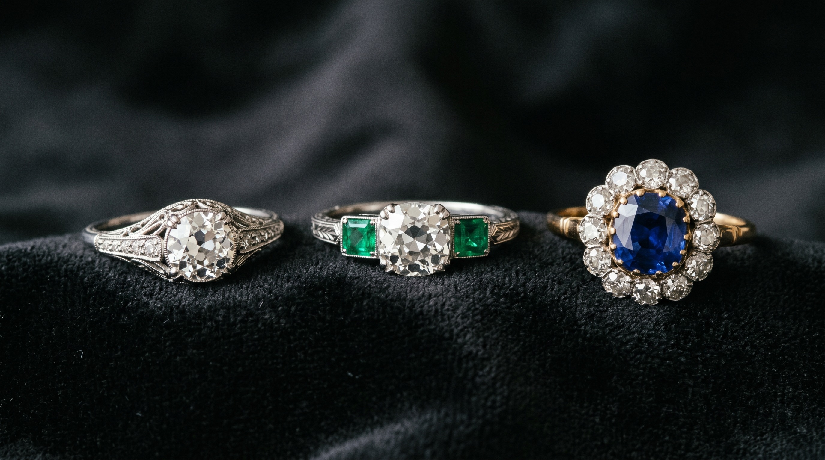 Selection of antique engagement rings on a dark editorial background