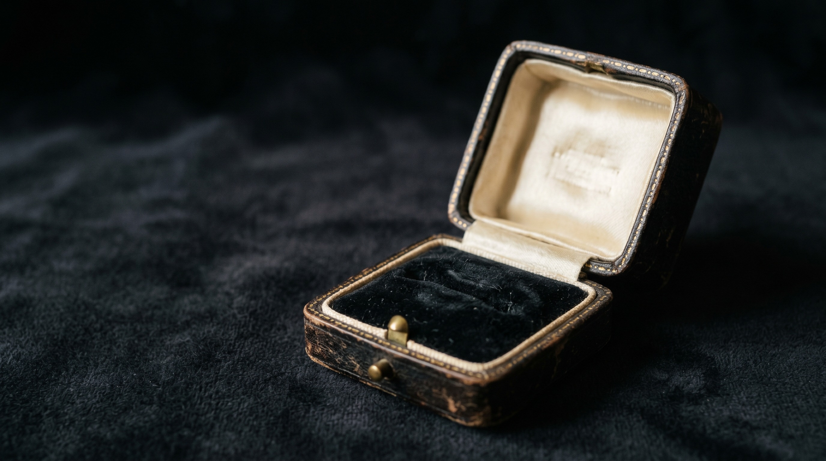 An open antique ring box on dark velvet