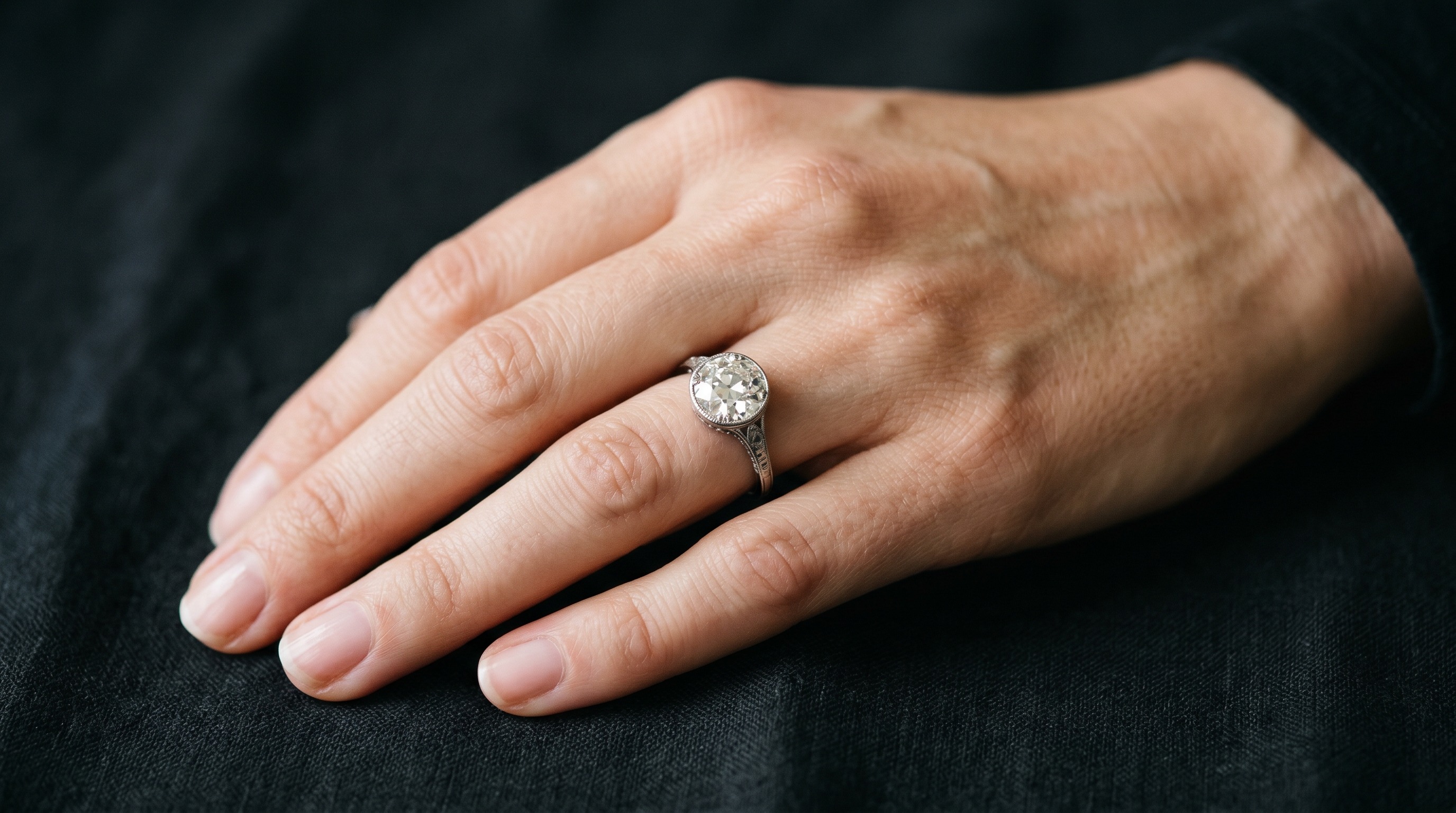 Antique diamond engagement ring worn on the fourth finger of the left hand