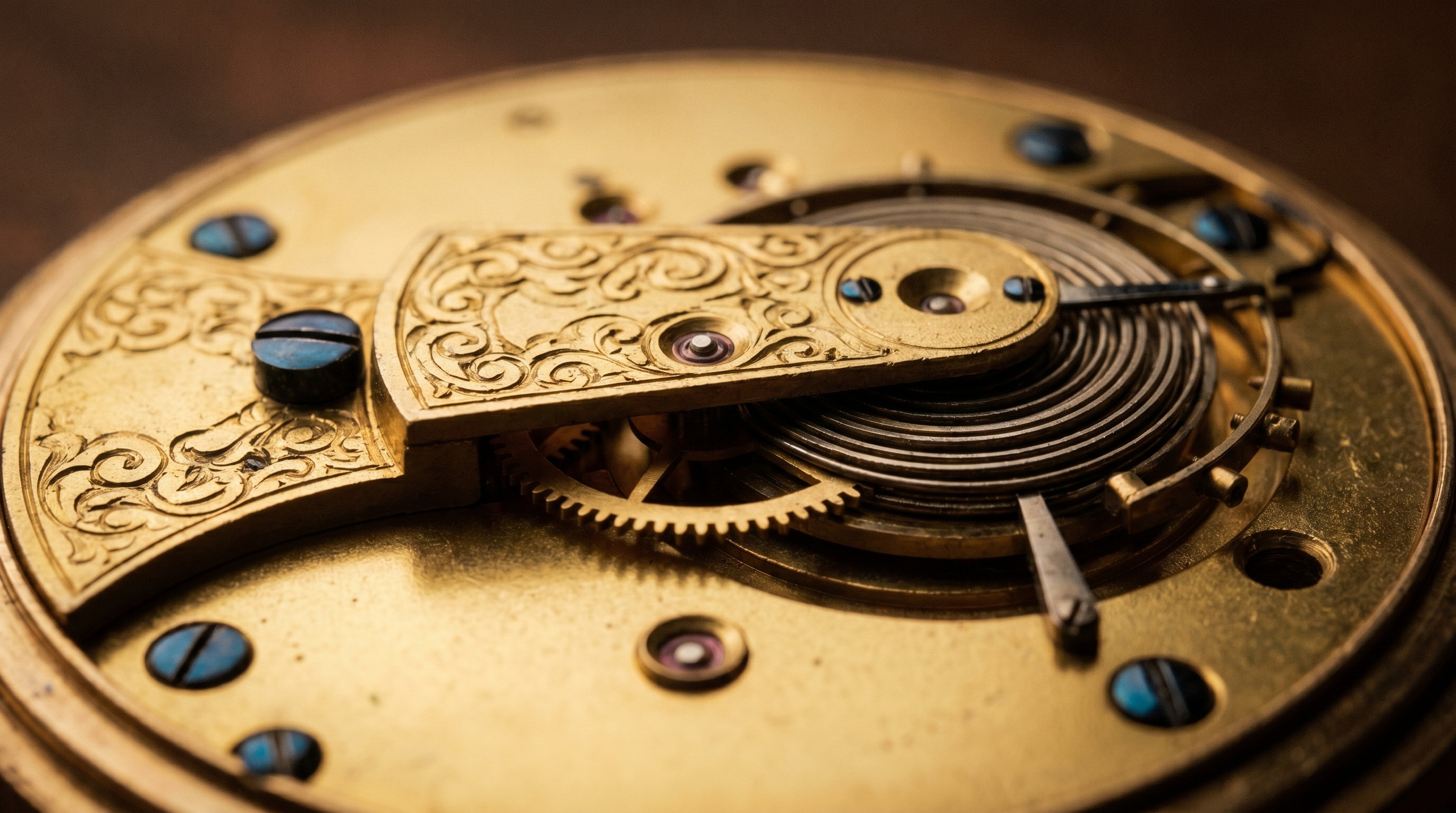 Antique English full-plate fusee pocket watch movement with gilt brass and a chain-and-cone fusee