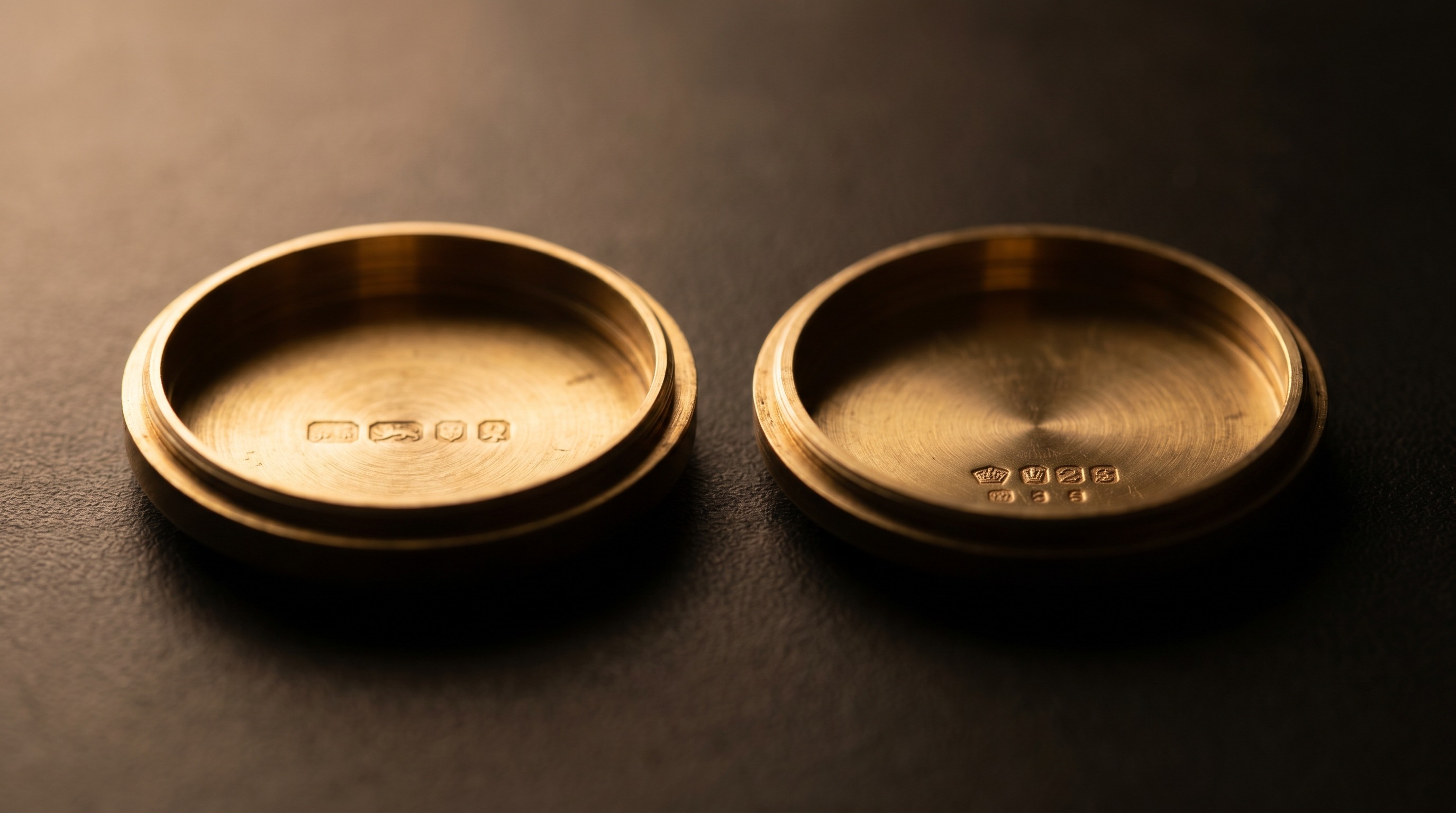 British hallmarks compared with Continental case marks inside two gold watch cases