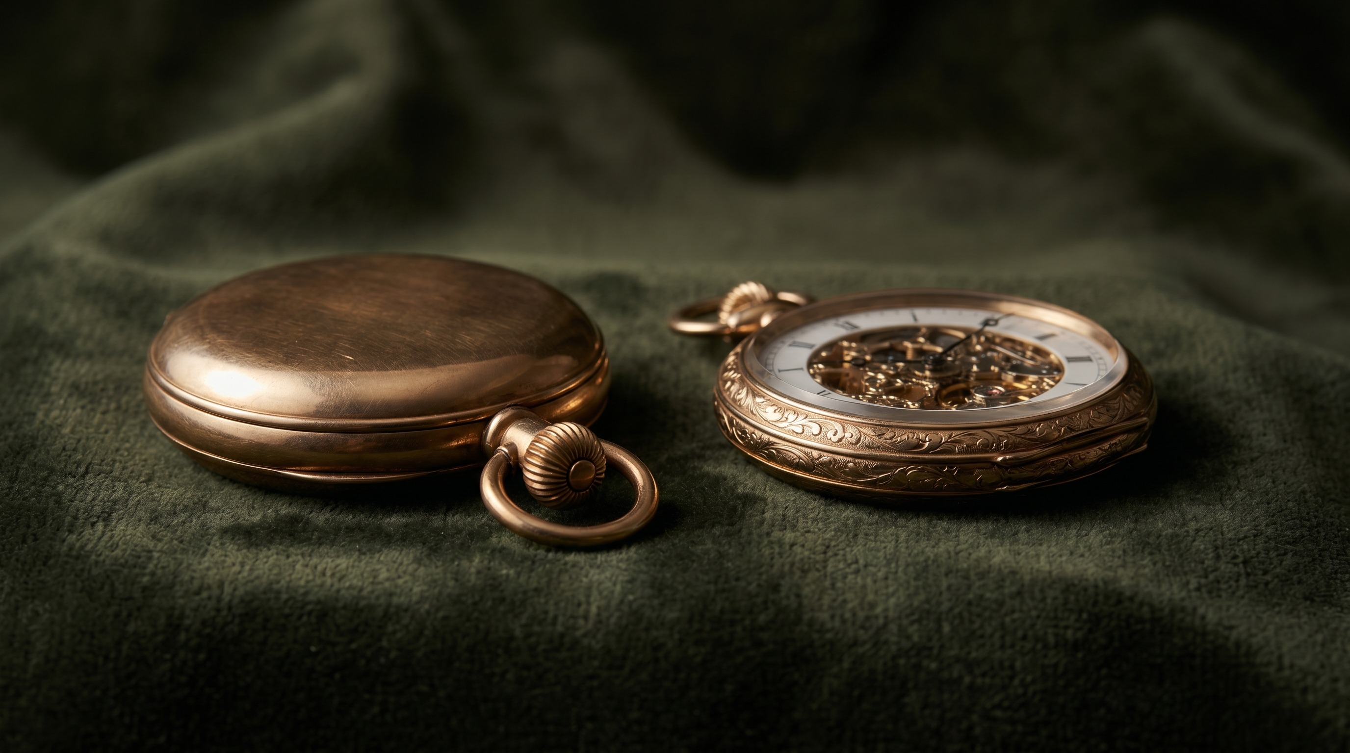 English and Swiss antique gold pocket watches side by side — Mozeris Fine Antiques