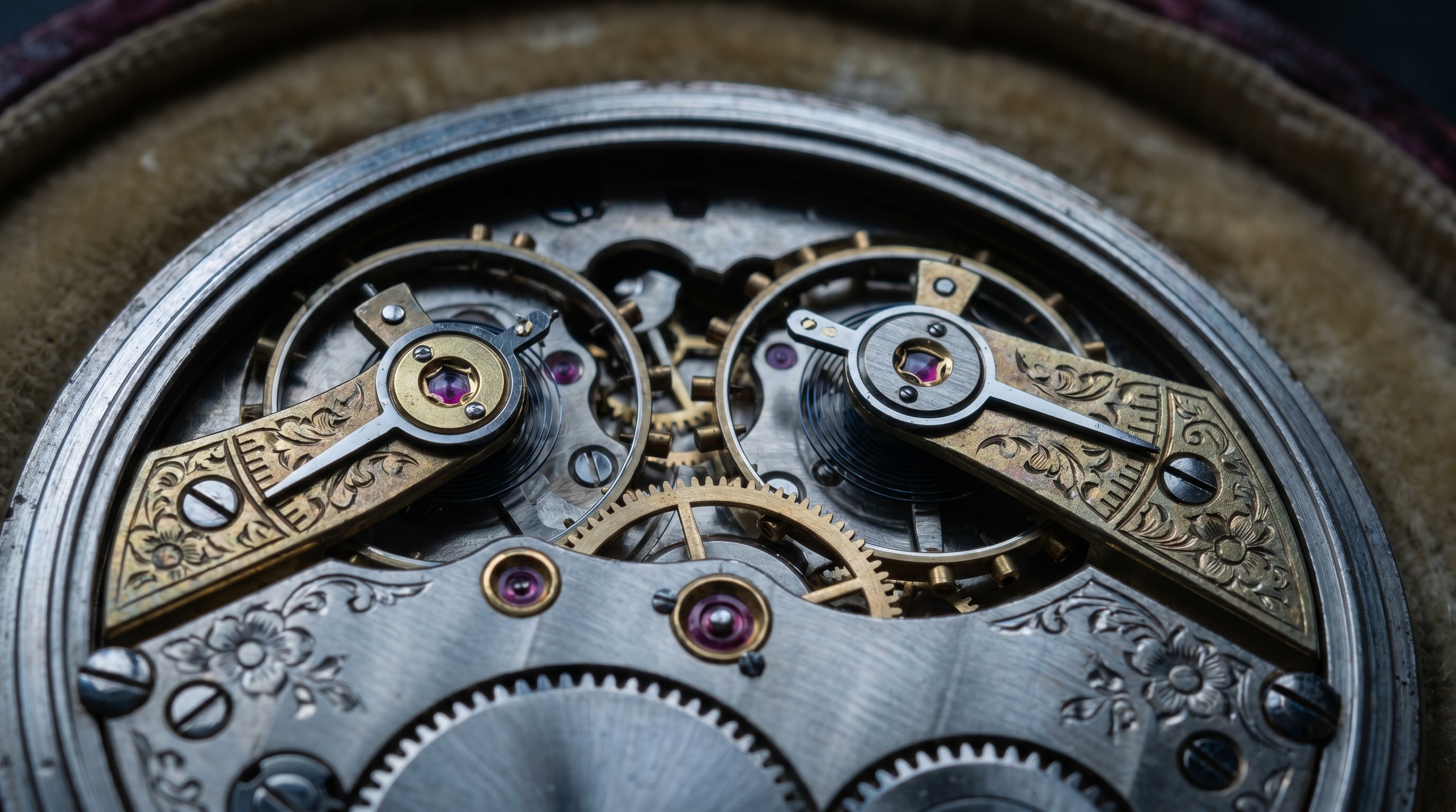 Antique Swiss bar-and-bridge pocket watch movement with engraved bridges and jewelled bearings