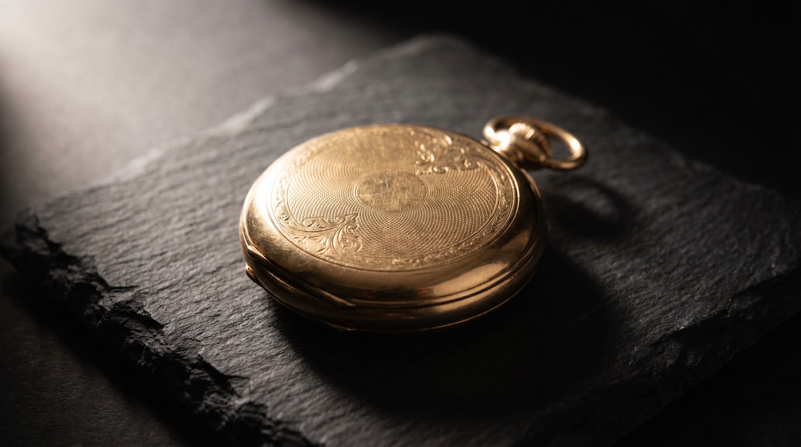 Closed antique 18ct gold full-hunter pocket watch with engine-turned engraving on the cover