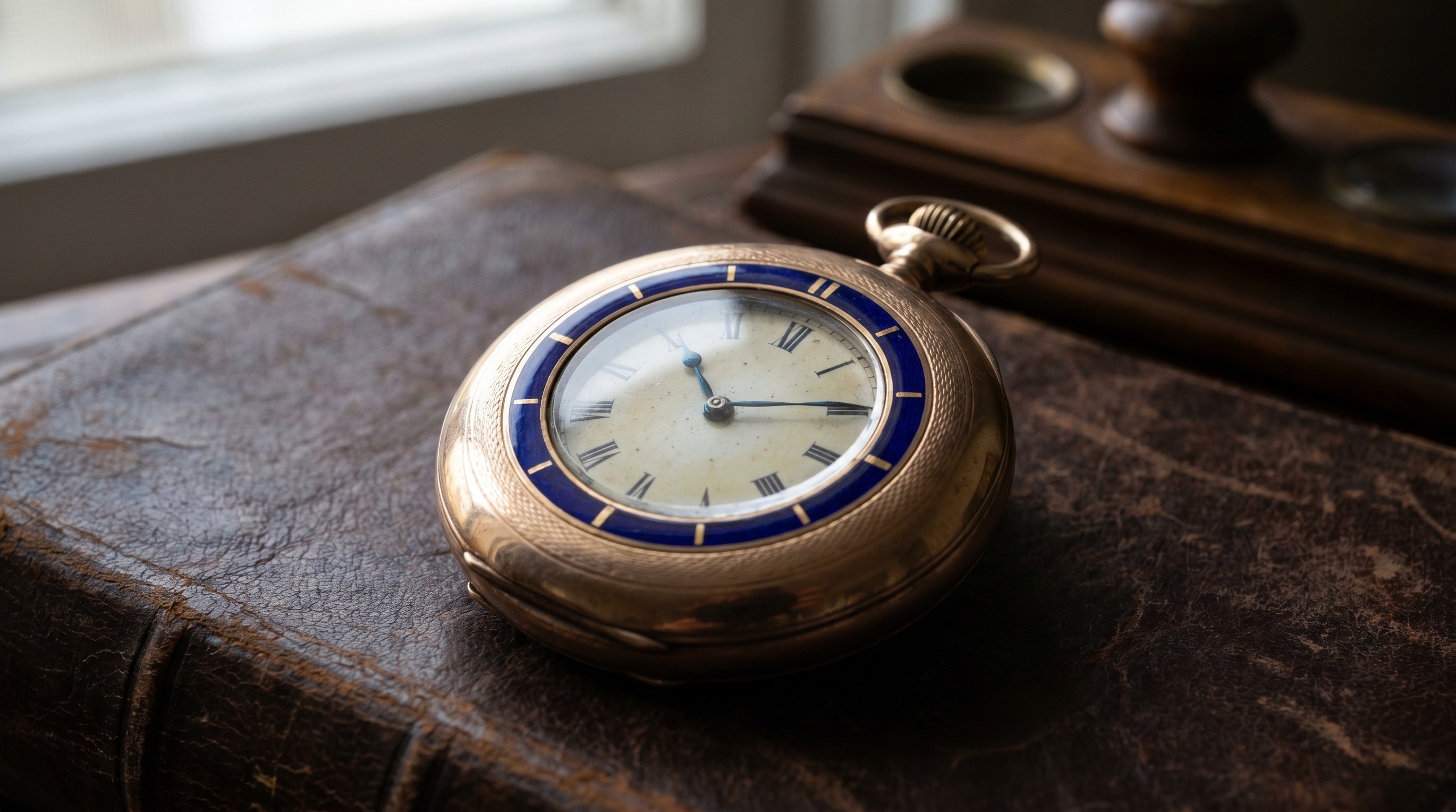 Antique gold half-hunter pocket watch with a glazed window and enamel numeral ring on the cover