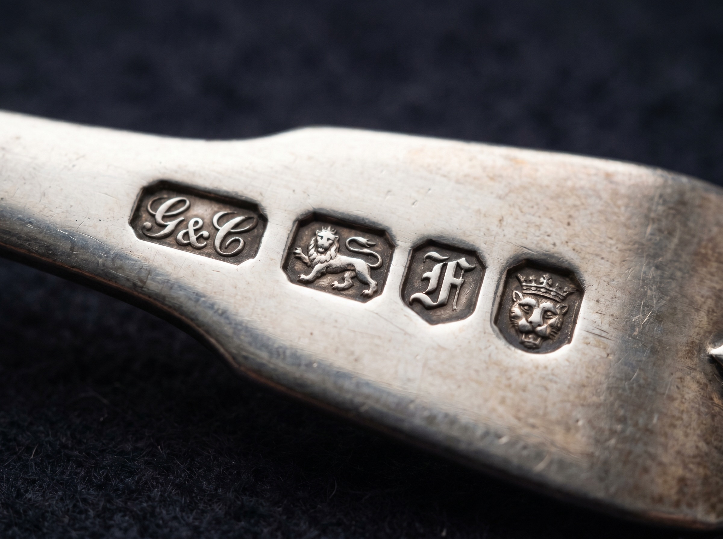 Extreme macro of London silver hallmarks on 18th century sterling silver