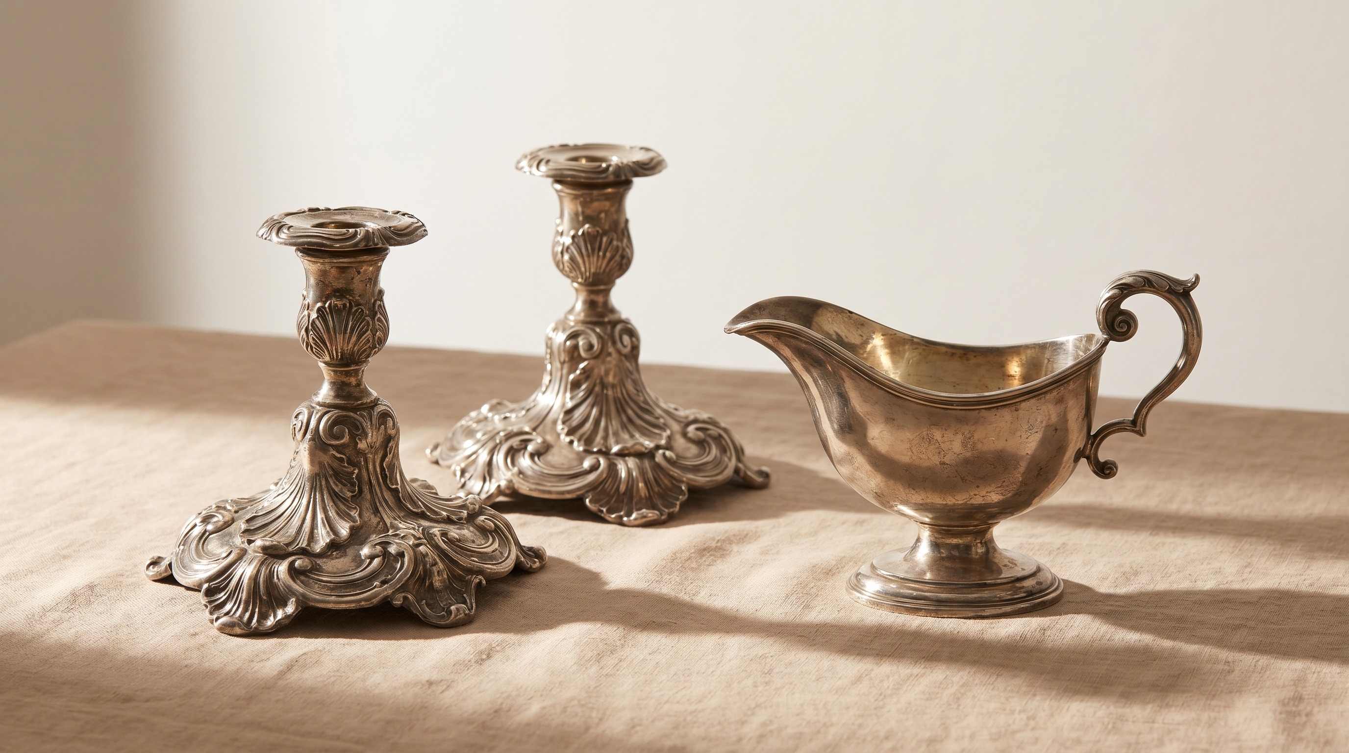 Antique English early Georgian Rococo sterling silver candlesticks and sauce boat — in the style of George Wickes — guide by Mozeris Fine Antiques