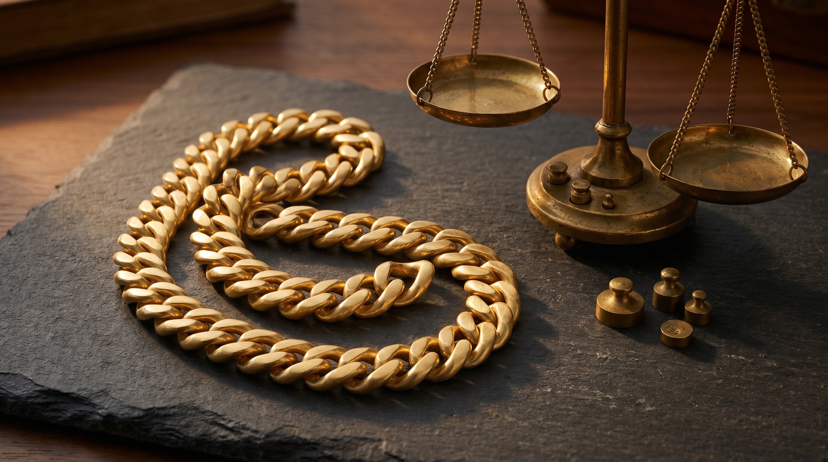 Heavy solid gold Albert chain coiled beside a jeweller's scale — Mozeris Fine Antiques