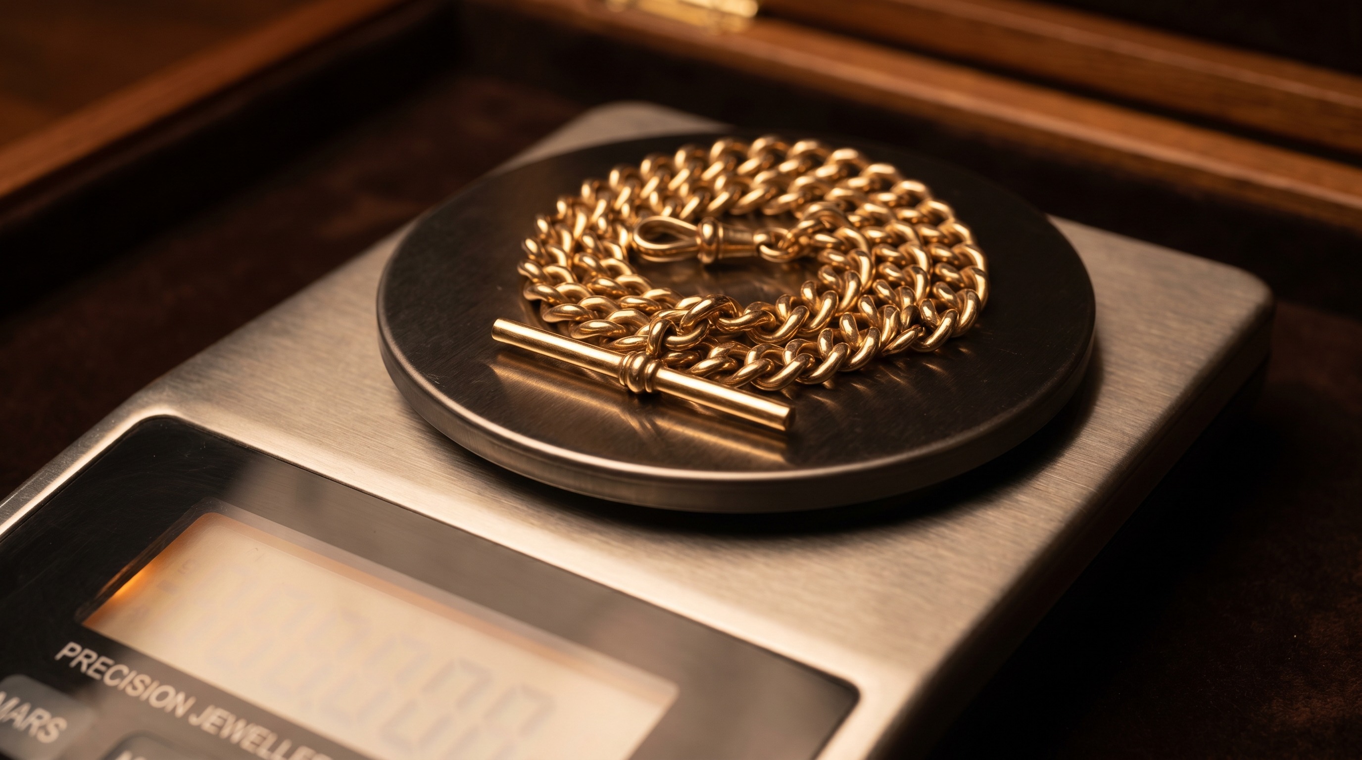 Solid gold Albert chain on a precision jeweller's scale